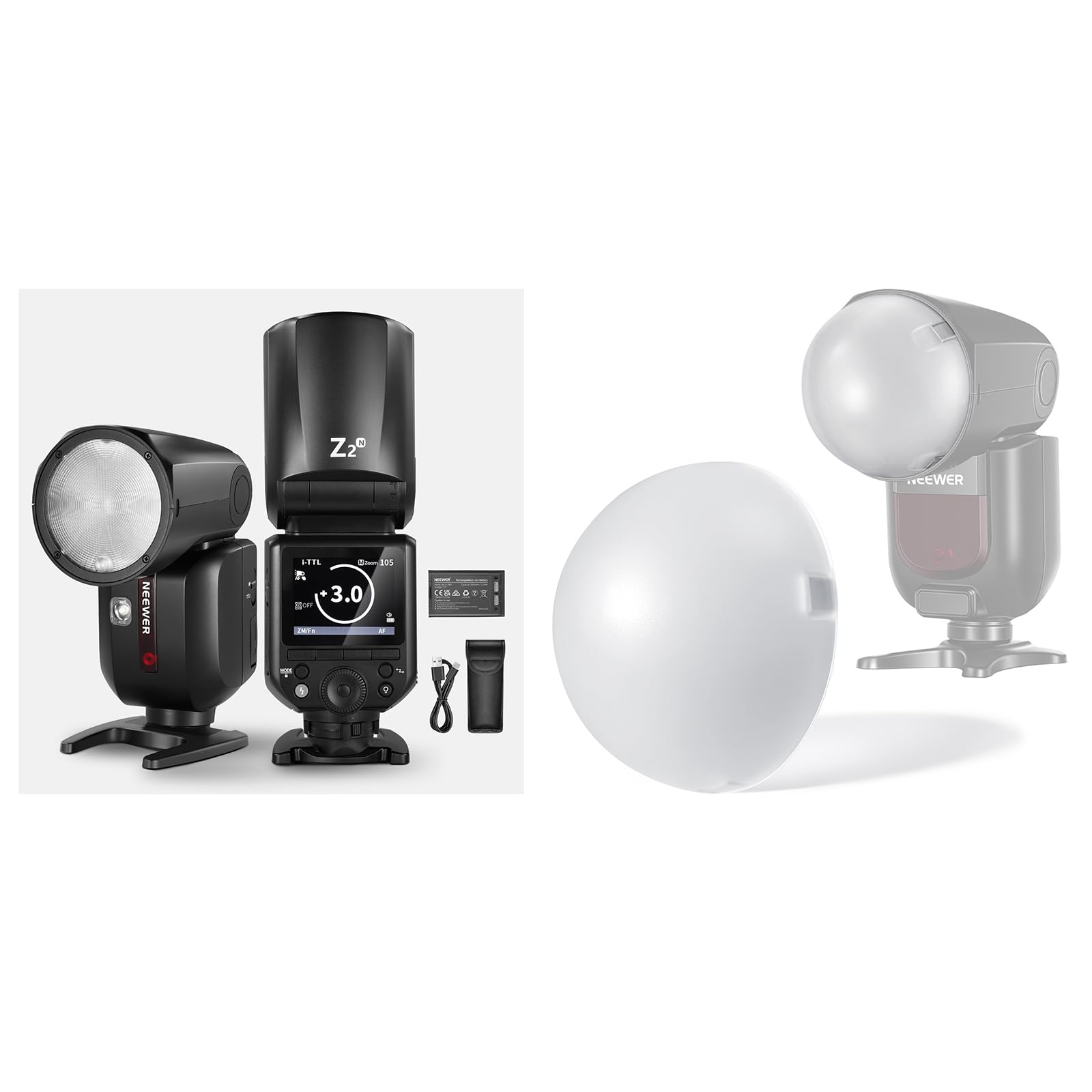 NEEWER Z2-N 2.4G TTL Round Head Flash Speedlite Compatible with Nikon + M12 Magnetic Dome Diffuser for Round Head Speedlite, 76Ws 1/8000s HSS Flash with TTL/M Quick TCM Switch, 7.2V/3000mAh Battery
