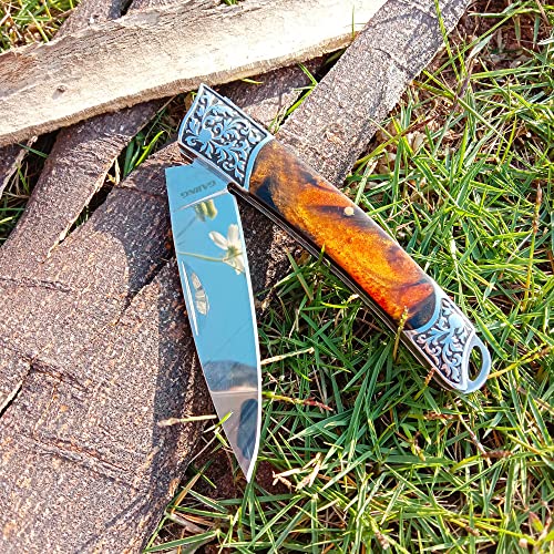 Gajing Carved Handle Decorative Folding Knife 3" Mirror Finish Blade Slipjoint Knife With Resin Handle Steel Bolsters Edc Knife Trigger Lock Stainless Steel #TOP1