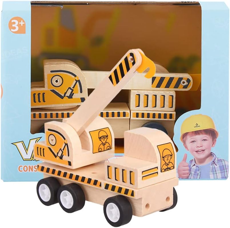 Udeas Grúa de juguete de madera, piezas móviles, vehículos de construcción, niños, juguetes para niños a partir de 3 años, colores llamativos y brillantes, juguete para camión