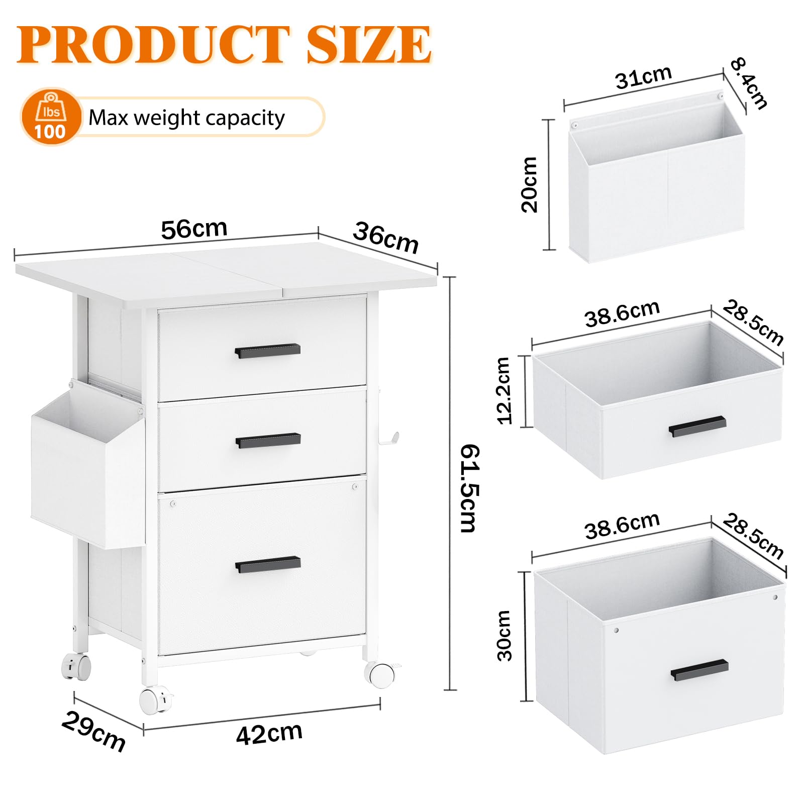 CAIYUN Cassettiera arrotolabile, con 3 cassetti e ruote, per documenti in formato A4, supporto per stampante con una larghezza del tavolo di 56 cm, design industriale, bianco