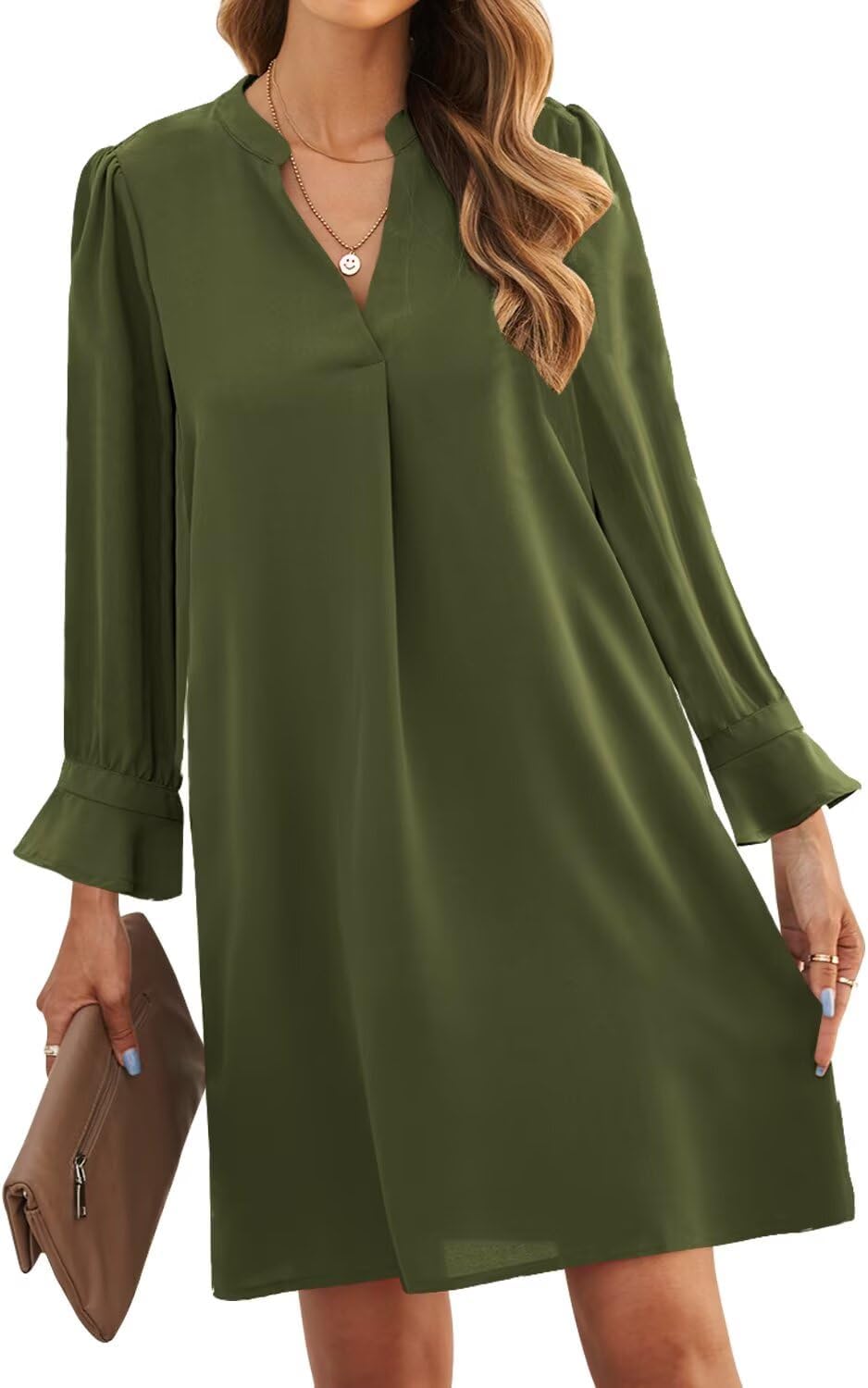 JOCAFIYE Womens Dresses Summer Casual Dress Long Sleeve V Neck Dress Shift Dress for Women 2025 Medium D-green