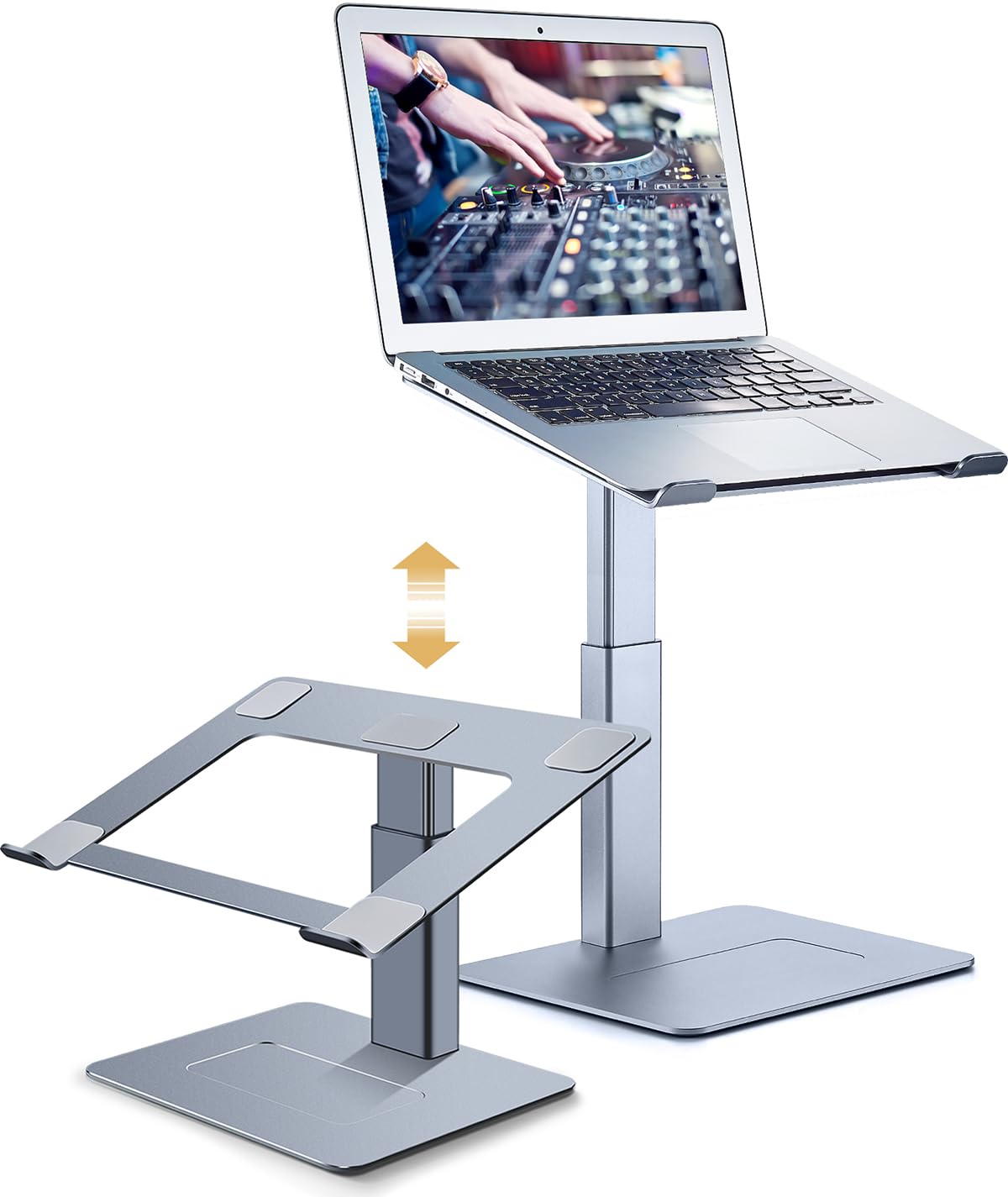supporto pc portatile, supporto computer da seduti e in piedi, 16 livelli di altezza, standing desk converter, supporto pc dj, per portatile da 13" a 16,5", grigio