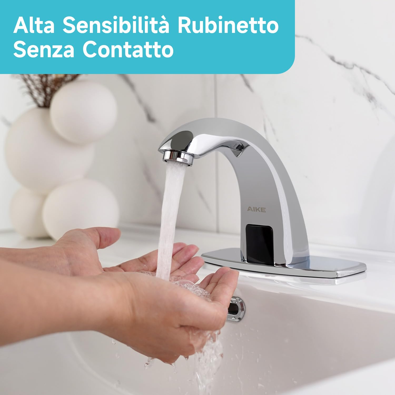 AIKE AK7500 Rubinetto Touchless Bagno, Rubinetto Automatico con Sensore Monoforo con Piastra di Copertura per Bagni Commerciali, Cromo
