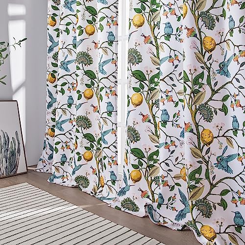 Image of Pinch Pleated Curtains Floral Cottage Core Curtains for Living Room 90 Inches Long Blue and White Vintage Hummingbird Lemon Blackout Drapes for Bedroom with Hooks Set 2 Panels