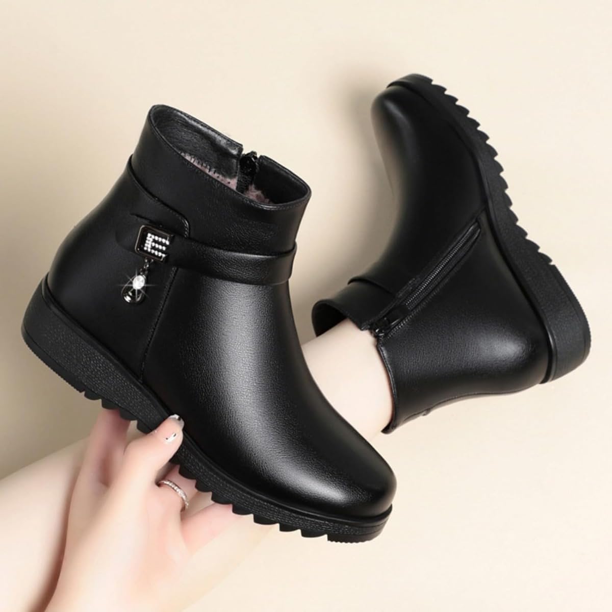 Orthopädische Damenstiefel aus echtem Leder, Wolle, einfarbig, Winter, Schnee, Plateau, Lederstiefel, wasserdicht, gefüttert, seitlicher Reißverschluss, flache Stiefeletten