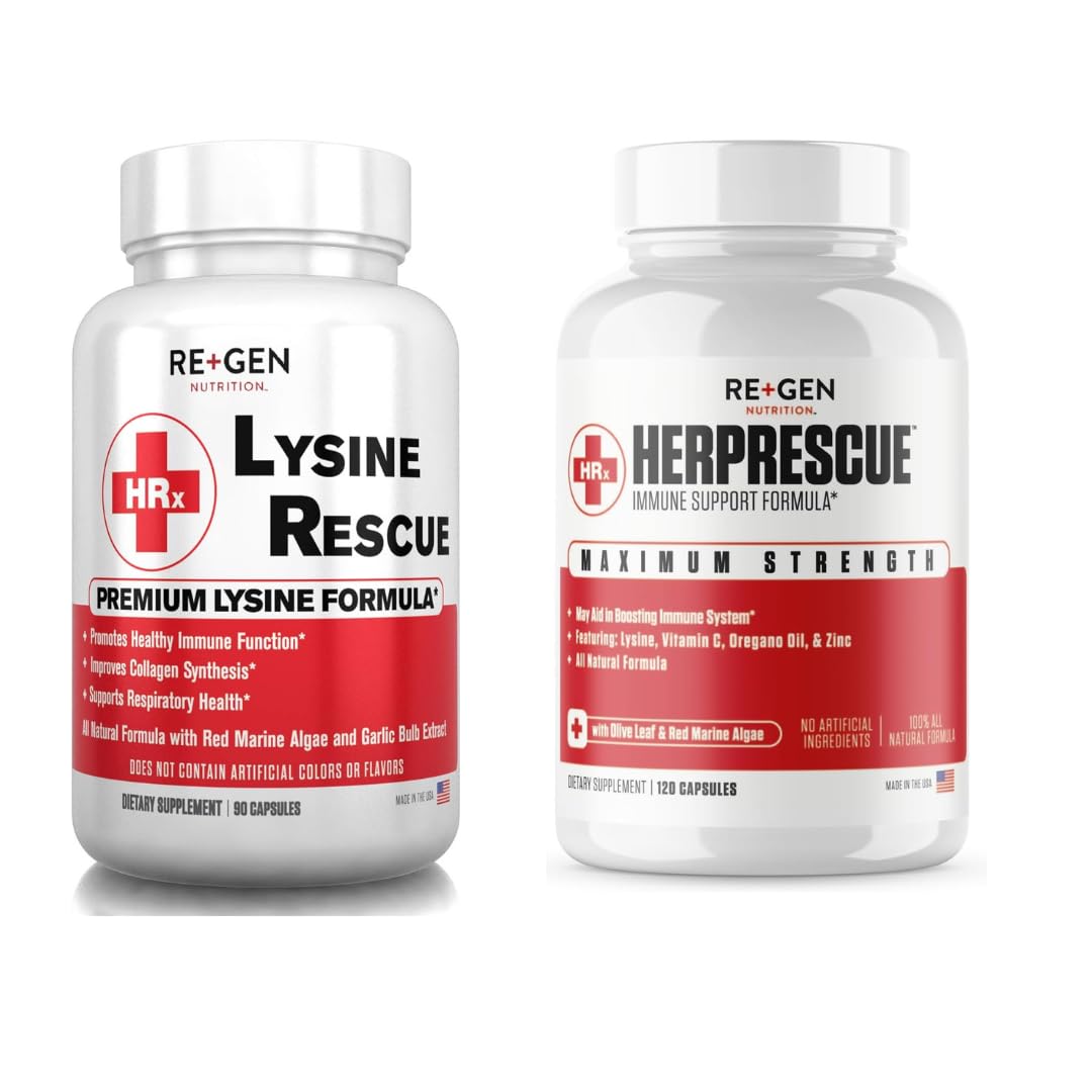 Re+Gen Nutrition Outbreak Support Supplement Cold Sore & Lysine Rescue Immune Health Capsules, Natural Support for Adults, Zinc, Vitamin C, L-lysine Amino Acid, Lips & Skin Health, 120 & 90 Capsules