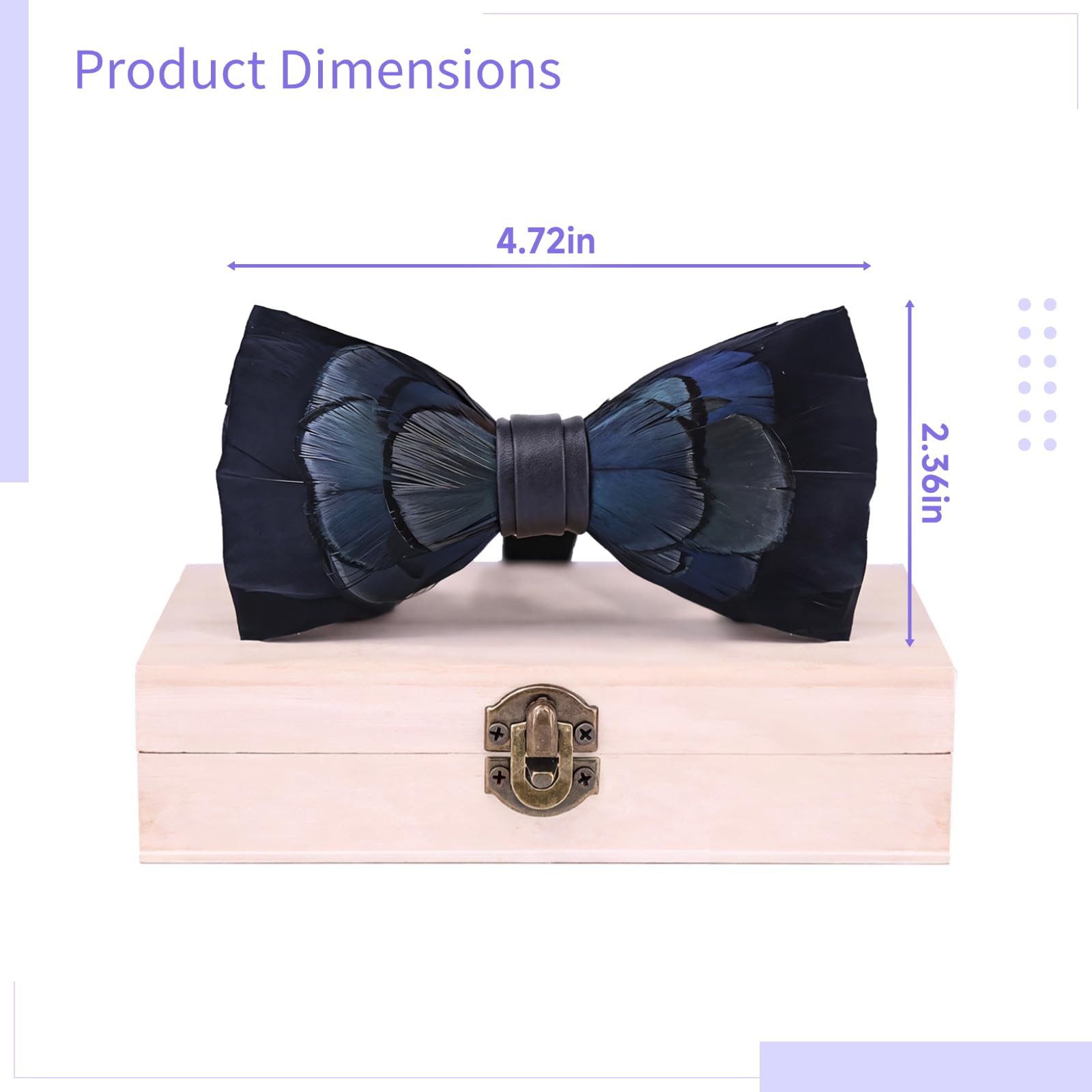 Juego de pajarita de plumas azules hechas a mano con pin de solapa, plumas de faisán para bodas y eventos formales, para novios y padrinos de boda, incluye caja de regalo de madera, Pluma, Sin gemas.