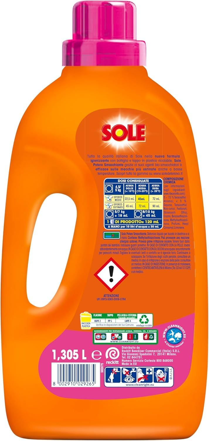 Sole Detersivo Lavatrice Liquido Potere Smacchiante 290 Lavaggi, Formula Igienizzante, 10 Confezioni da 29 Lavaggi