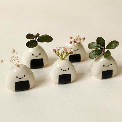 5 jarrones de flores, bolas de arroz de cerámica hechas a mano (onigiri japonés) en miniatura, diseño encantador y lindo, perfecto para flores