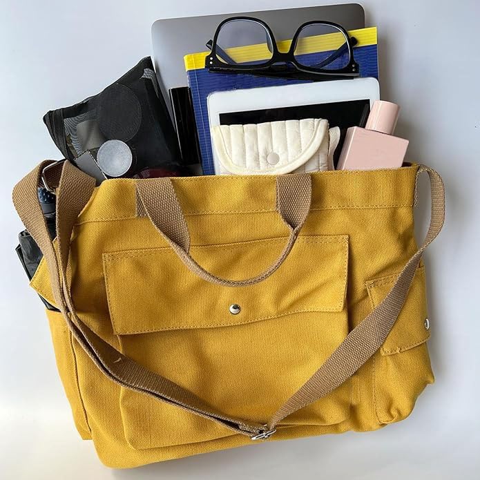 Large Canvas Crossbody Tote Bag with Pockets Canvas Messenger Bag Shoulder Hobo for Women Men Casual Travel Work Bags