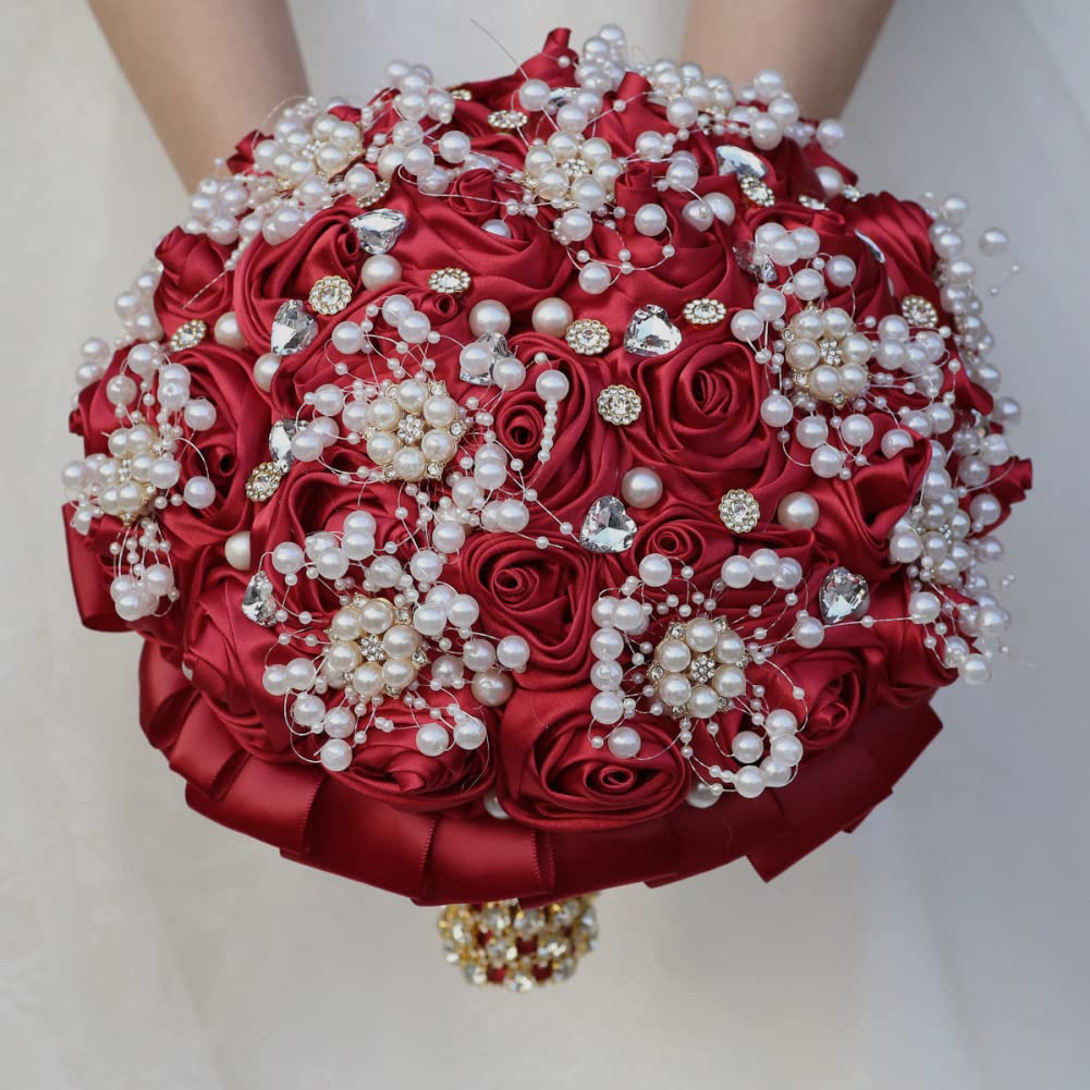 Framendino 4-Pack Burgundy Wine Red Brooch Corsage Set - Pearl Rose Boutonnieres For Weddings