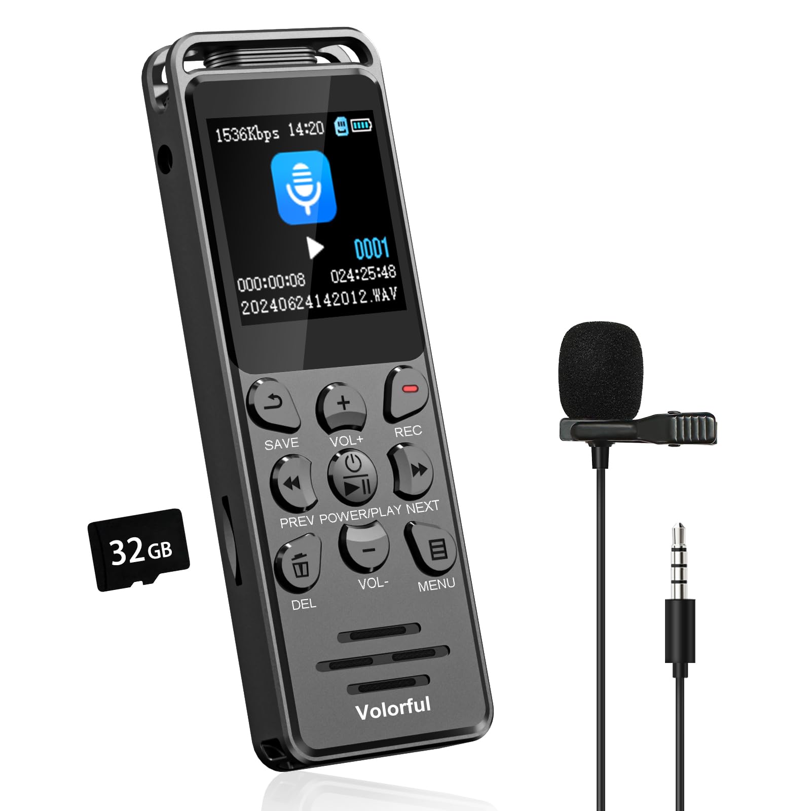 48GB 70H Dictaphone Enregistreur Vocal Numérique, Volorful 1,44" Écran Couleur Enregistreur Audio avec Microphone Externe/Activation Vocale, USB-C Enregistreur de Voix pour Réunions Entretiens Classe