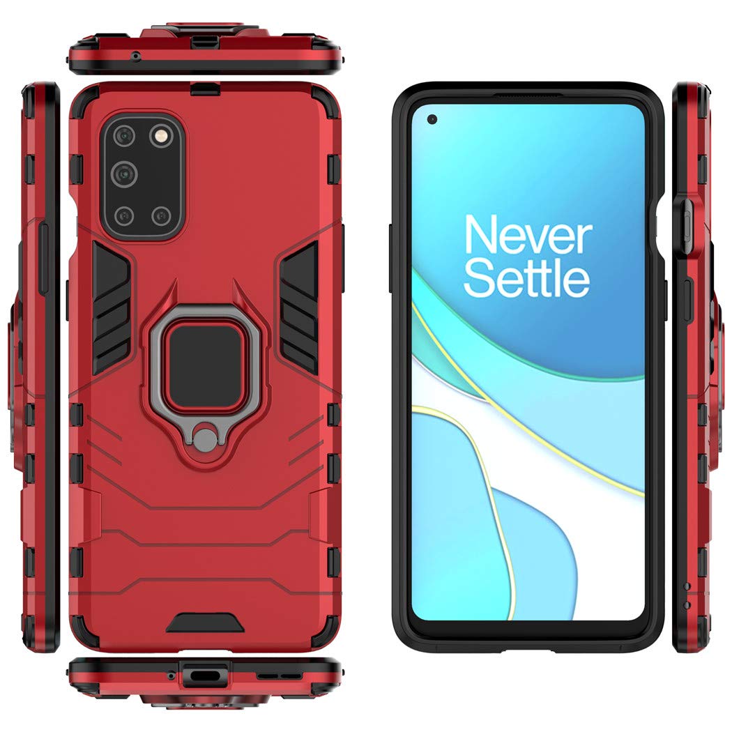 Compatible With OnePlus 8T Case, Metal Ring Grip Stand Shockproof Case Bumper (Works With Magnetic Car Mount) Double Layer Sturdy Protection Cover (Red