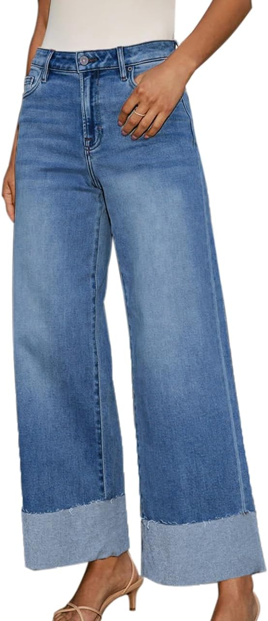 Women's High Waisted Wide Leg Jeans Stretch Frayed Raw Hem Straight Leg Boyfriend Cuffed Jeans Trendy - Image 5