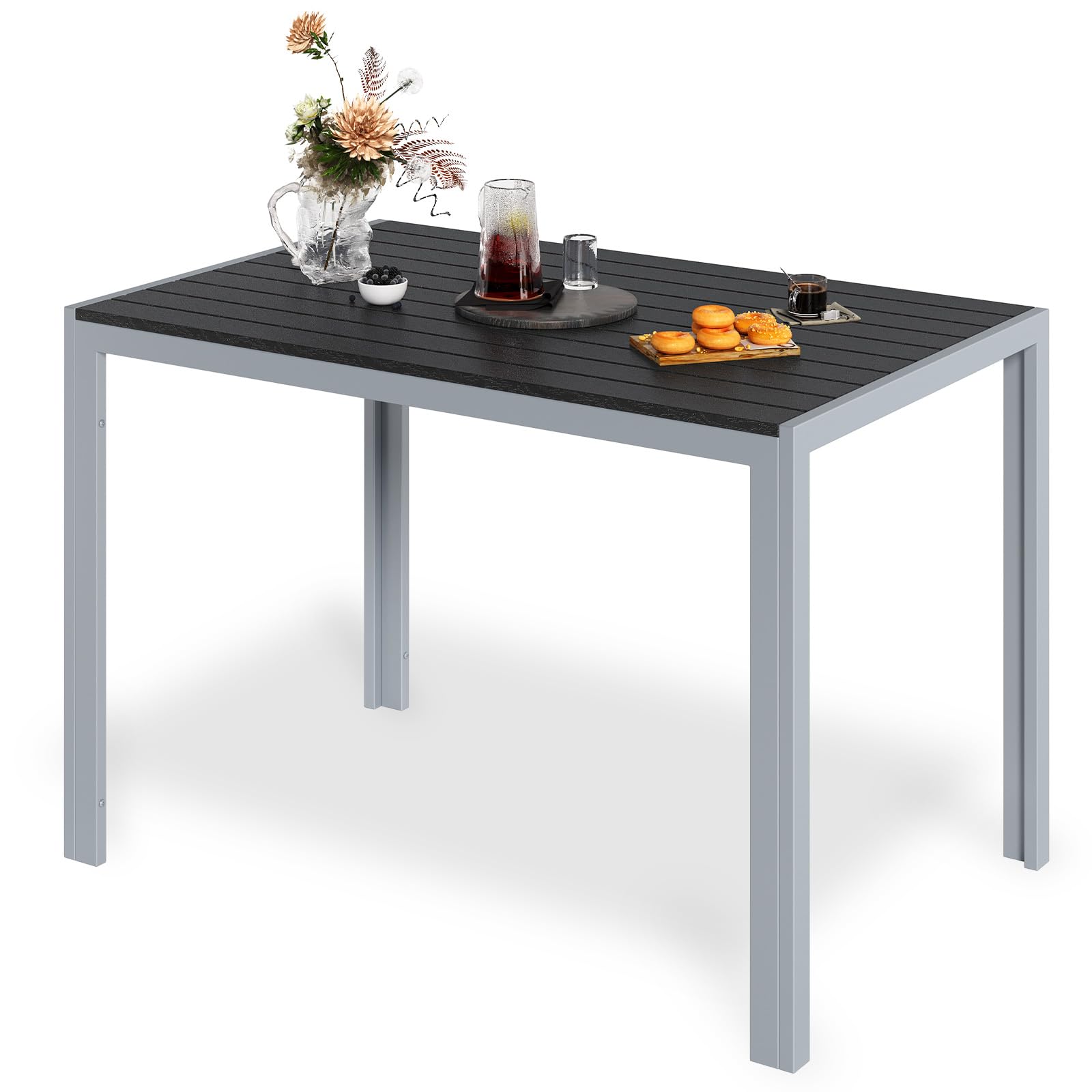 LIFERUN Mesa de jardín con marco de aluminio, 110 x 70 cm, WPC, resistente a la intemperie, rectangular, mesa de comedor para exterior, resistente al calor y a la intemperie, antideslizante, color