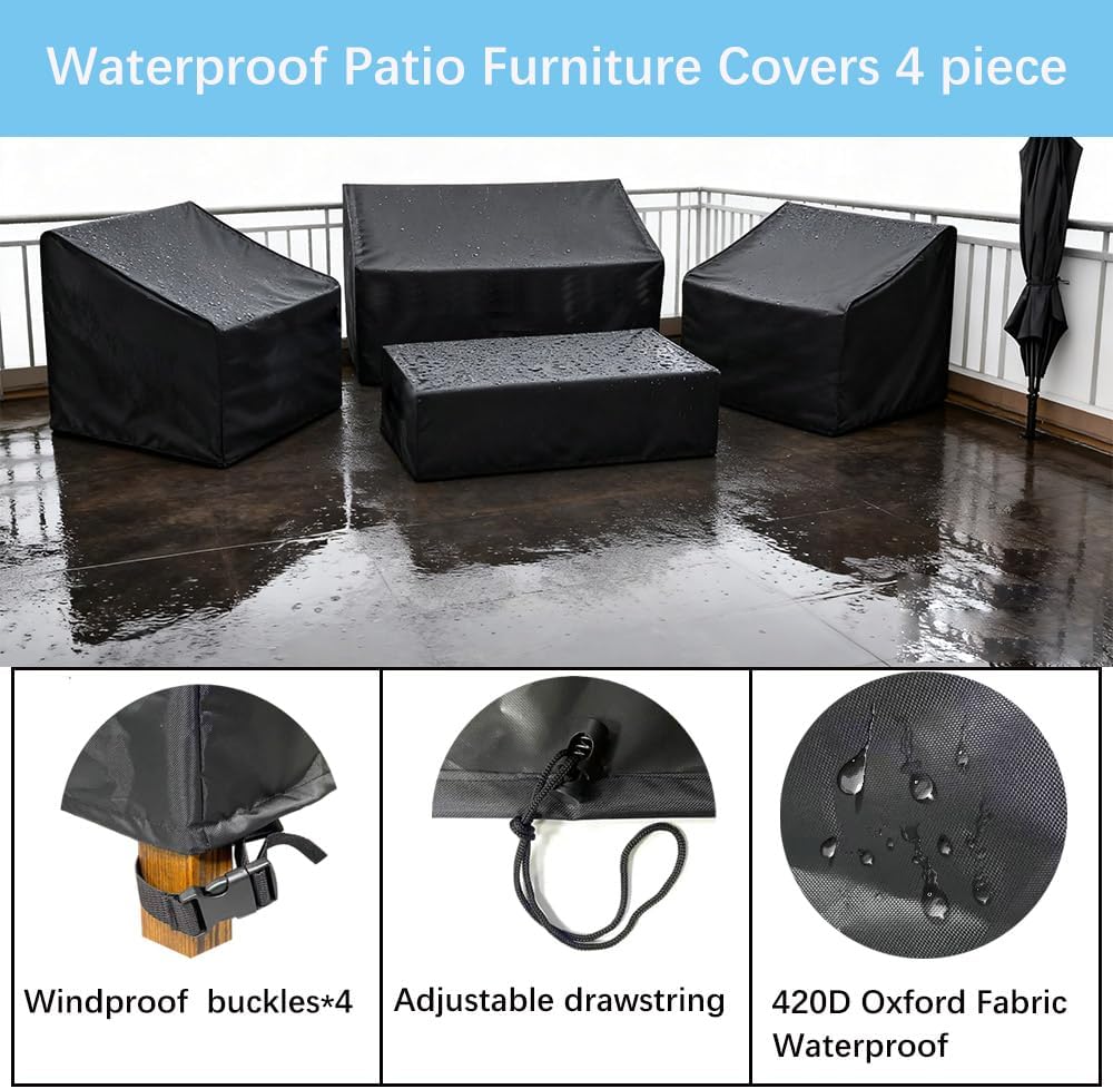 420D Patio Furniture Covers 4 Piece Set, Waterproof & UV Resistant Outdoor Furniture Covers for Loveseat, Chair & Table, Windproof Dustproof Cover for Garden Homeowners & Patio Lovers (Black)