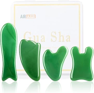 Gua Sha Massage Facial Tool Set,Guasha Massager Kit for Face and Body,Scraping Massage Board 4-piece Set Physical Therapy,Gua-sha Jade Stone also be Used on the Chin ,face,Neck and Back. green