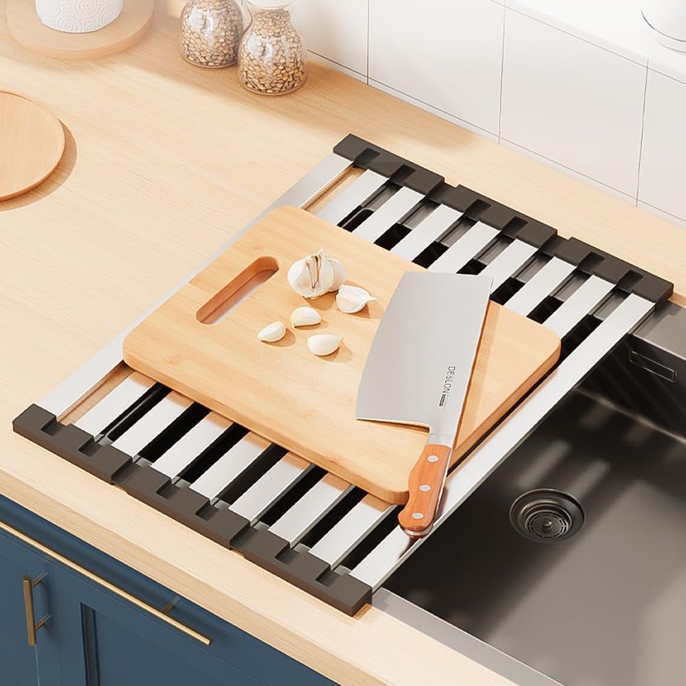 Roll Up Dish Drying Rack, Over Sink Stainless Steel Rack,Foldable Kitchen Sink Mat,Kitchen Sink Drain Rack Dish Storage Rack (19.69" H x 12.8" W)