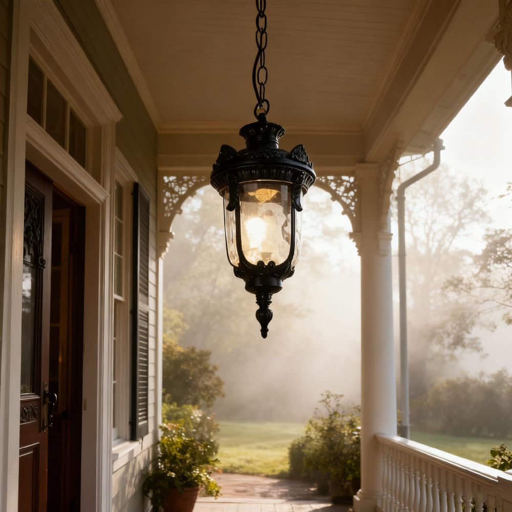XINYASEE Outdoor Pendant Light, Black Decorative Chandelier with Textured Glass Shade, Antique Classic Ceiling Light, Suitable for entryway, Living Room, Bedroom, Dining Room, and Cafe(B-Black)