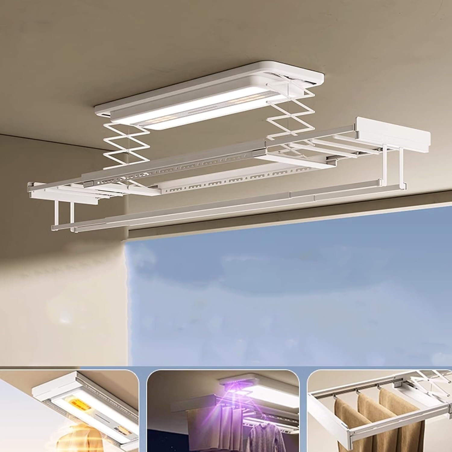 Indoor Clothes Drying Retractable for Hanging More Clothes, Drying Rack Clothing Foldable Small Spaces with Lightening and Low Noise Design, Ceiling Mounted,