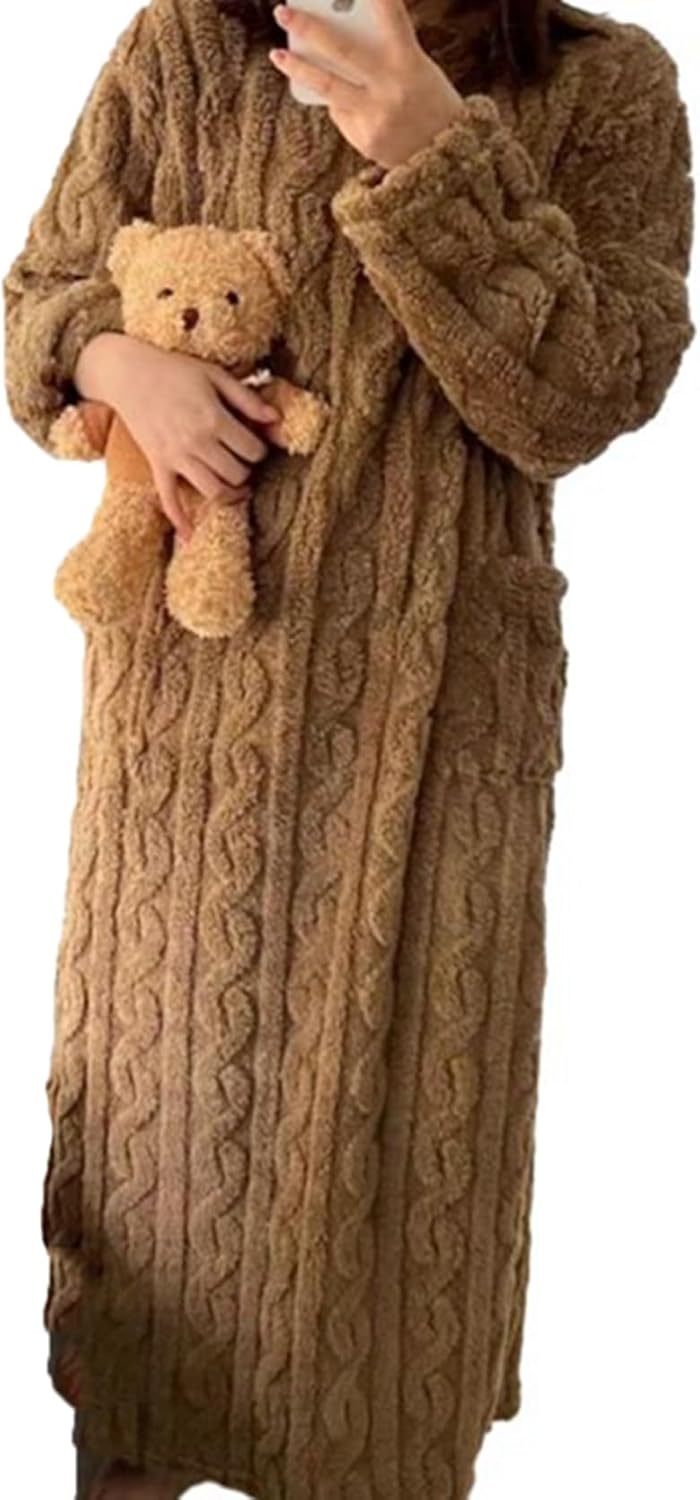 [Taopagii] 冬 ルームワンピース ネグリジェ フランネル パジャマ レディース 長袖 部屋着 寝巻き 厚手 保温 あったか