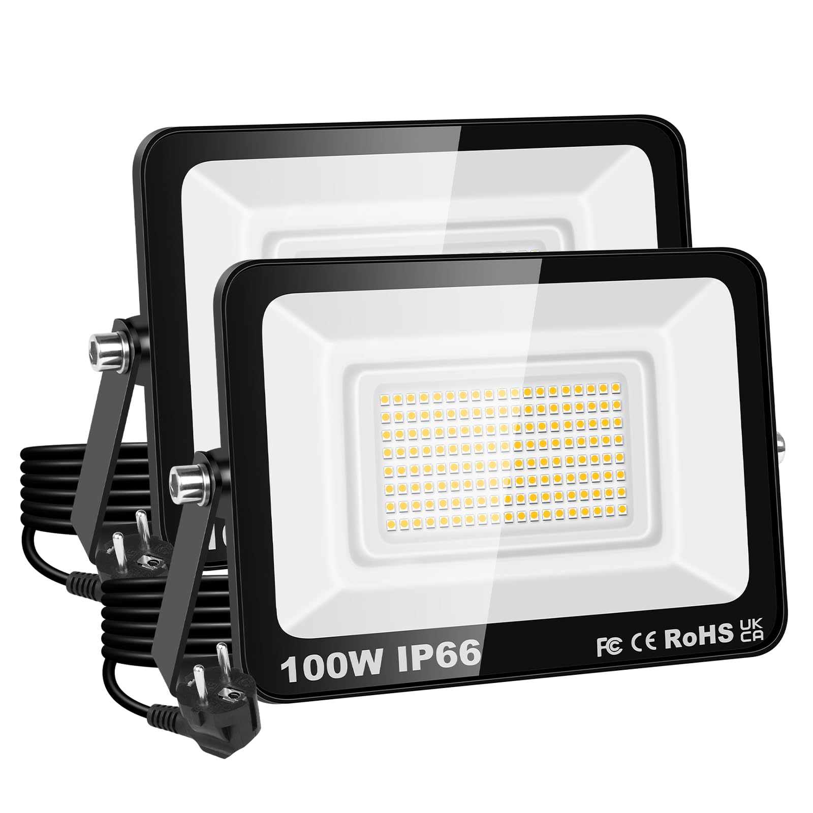 PICAA 2X Led Außenstrahler, 100W Flutlicht IP66 wasserdicht,warmweiß 3000K | 10000LM, Sicherheitslicht, Außenwandleuchte, für Garten, Hof, Garage, Terrasse, Lager, mit EU Stecker