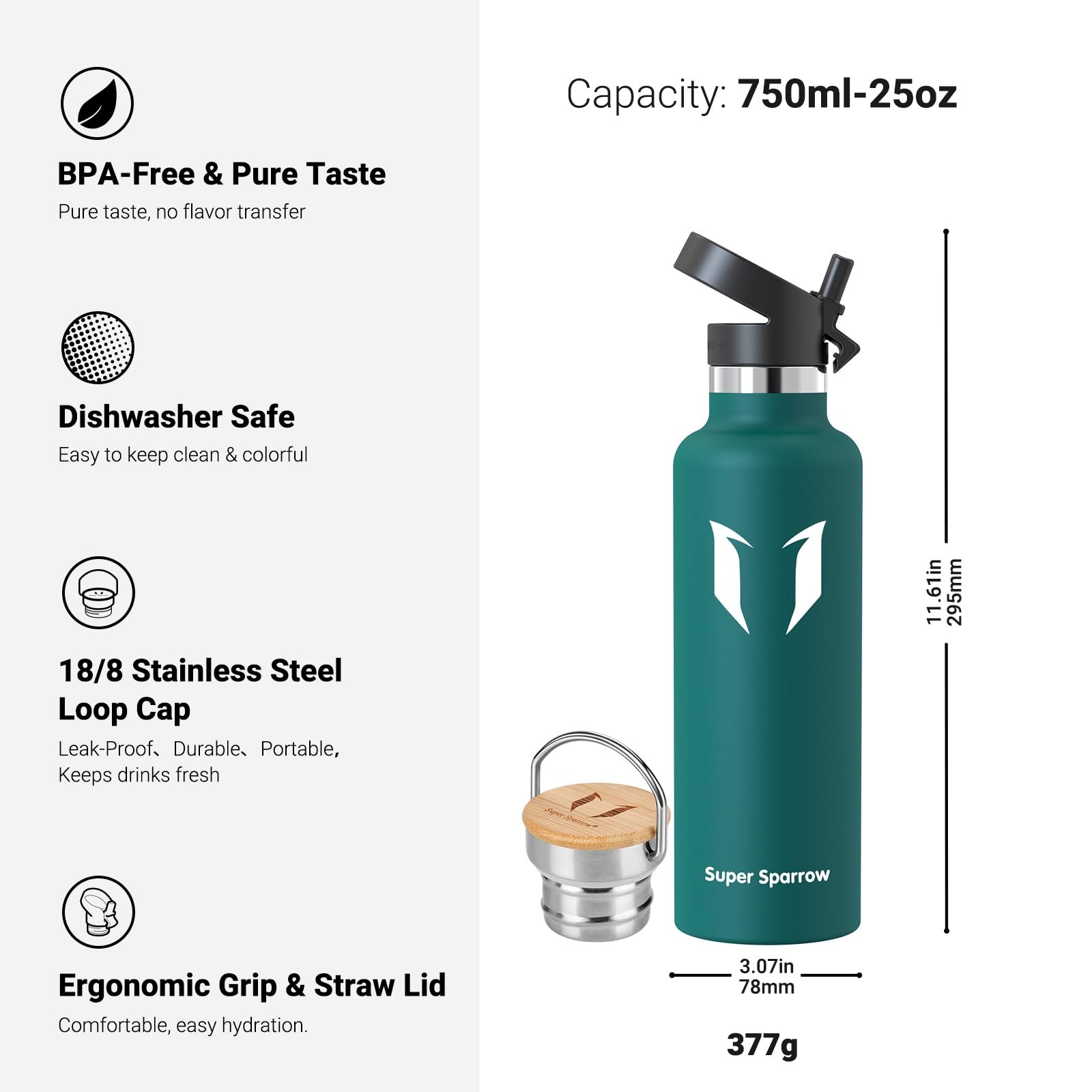 Super Sparrow Borraccia Termica - Bottiglia Termica Senza Perdite - 350ml/500ml/620ml/750ml/1L - Senza BPA Borracce Bambini - Per Scuola, Sport, Campeggio, Palestra, Ciclismo - Con 2 Tappi