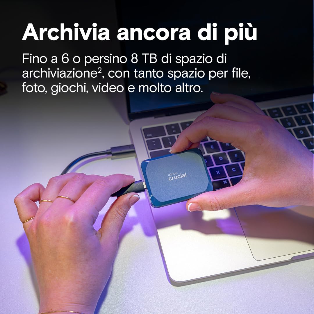 Crucial X10 SSD Esterno 6TB, Fino a 2100 MB/s, USB-C 3.2 Gen2, IP65 Resistenza ad Acqua e Polvere, Hard Disk Esterno, Blu Opaco - CT6000X10SSD9-02