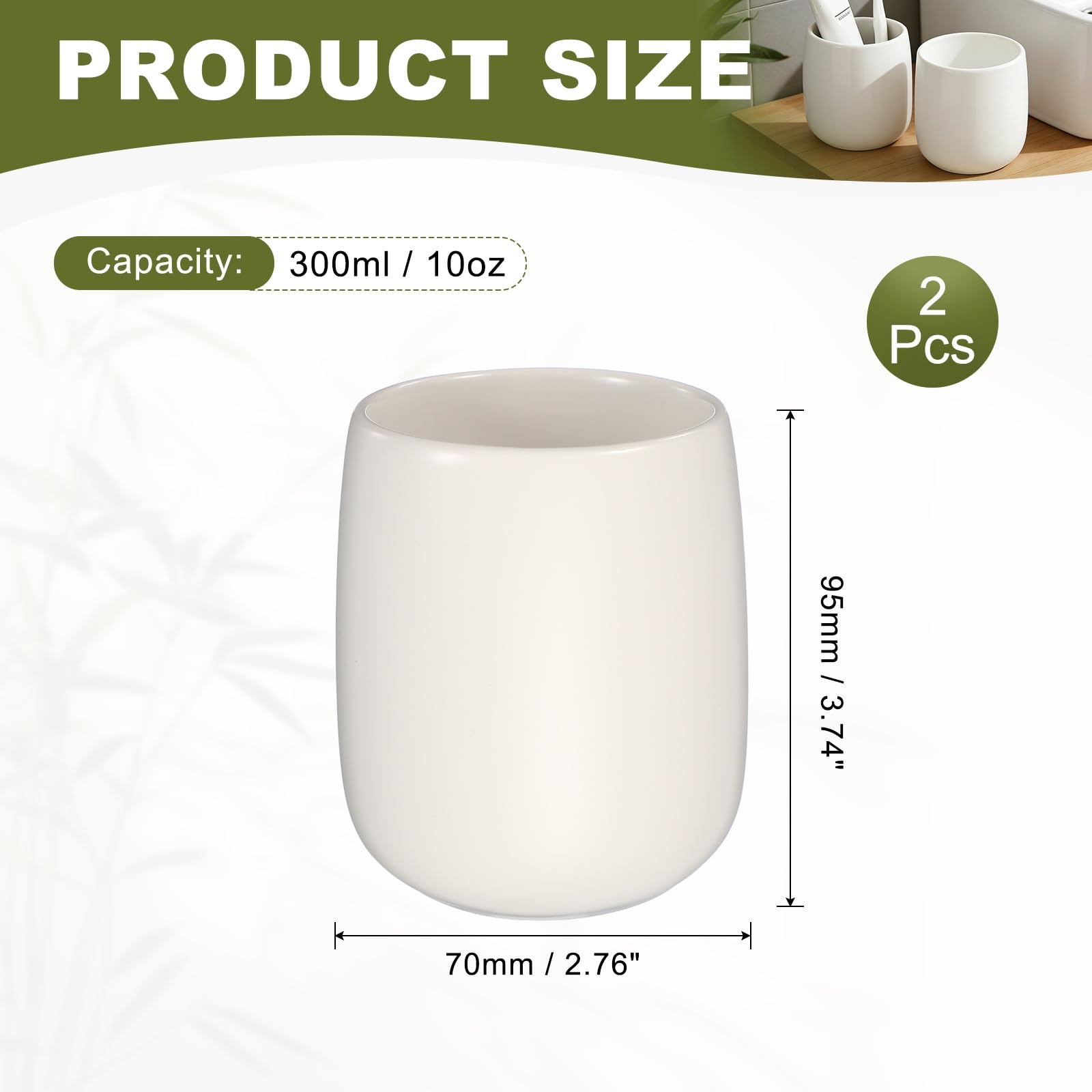 sourcing map Lot de 2 gobelets réutilisables en céramique pour salle de bain - 300 ml - Blanc