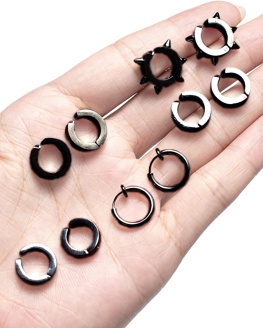 12 Pairs Magnetic Stud Earrings Stainless Steel CZ Hoop Punk Feather Dangle Hinged Non-Piercing Earrings Clip on Magnet Earring Set for Women Men Silver Plated - Image 5