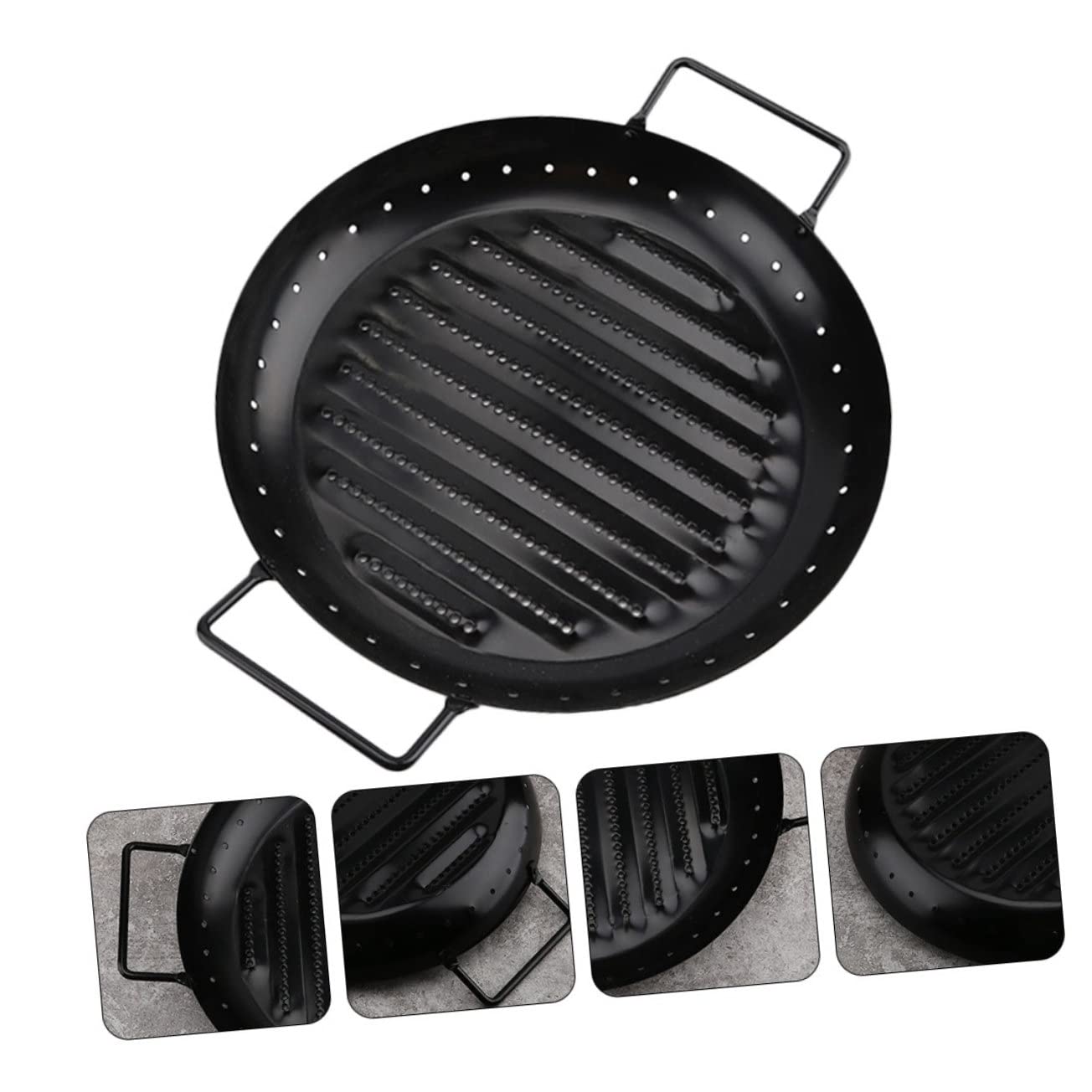 BESPORTBLE Carbon Steel Outdoor Grilling Pan Round Home Bbq Pans 2 Handles Easy-clean Roasting Tool for Bbq Vegetables Meats