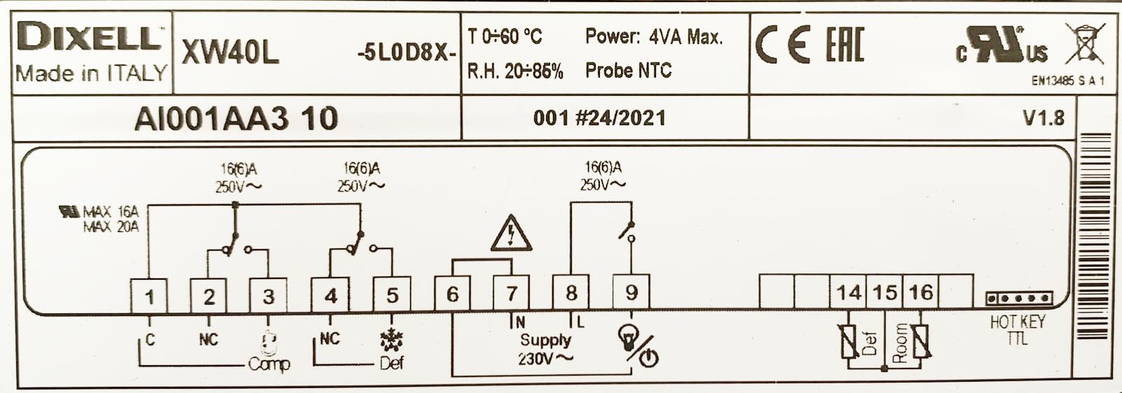 Termostato DIXELL XW40L-5L0D8X de 3 relés, 230V
