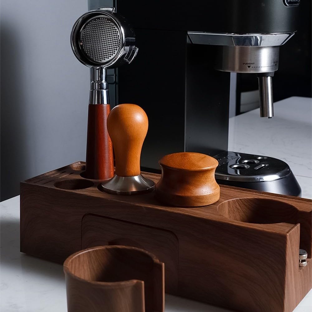 Soporte para café ABS con acabado de nogal con cajón extraíble, estación de apisonamiento espresso de 6 ranuras para el hogar para barista, soporte ajustable para portafiltro y accesorios