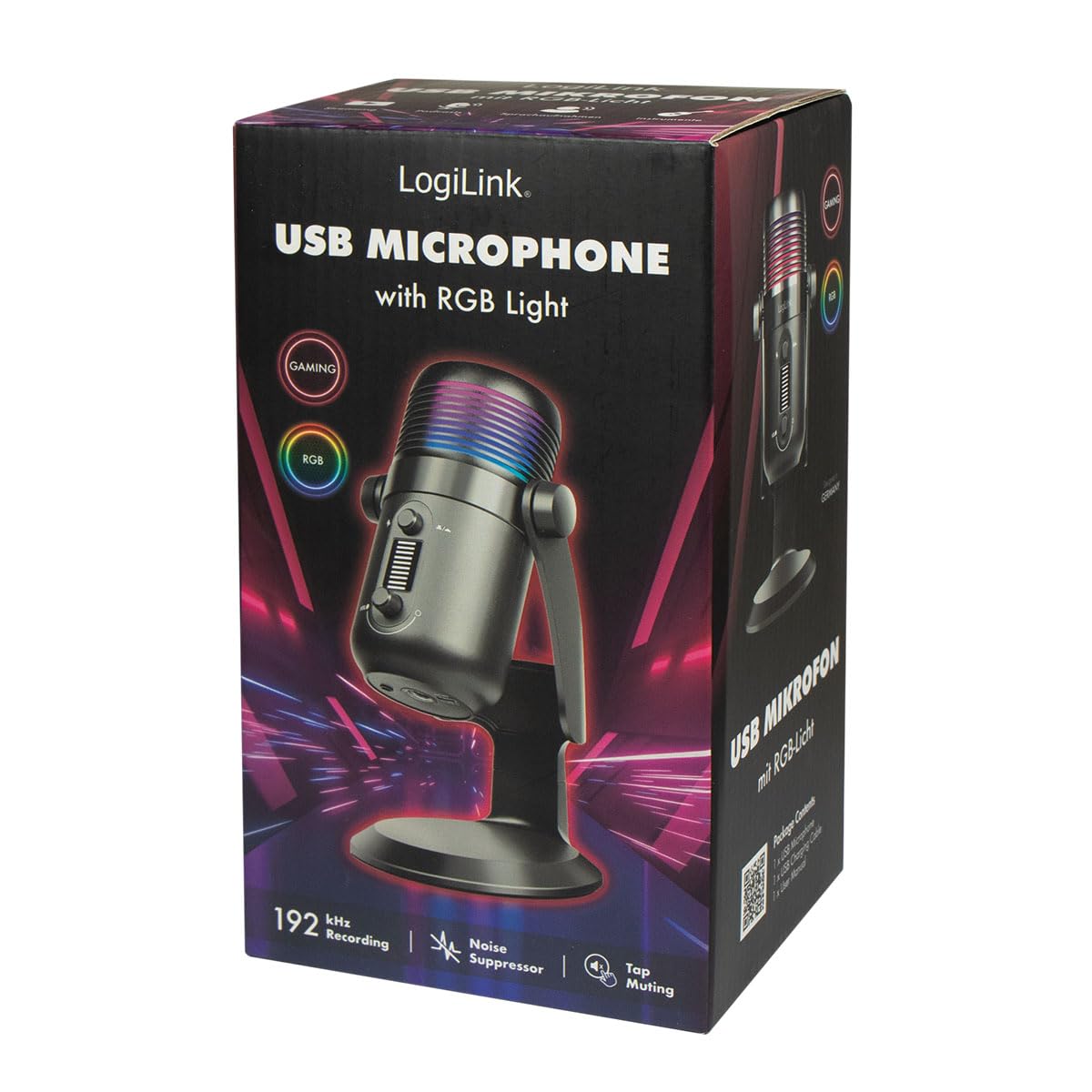 LogiLink HS0058 - profesjonalny mikrofon do strumieniowania/podcastów/gier/studyjny, wzór odbierania dźwięku: nerka, NRC (Noise Reduction Control), 192 kHz @ 24 bit, ze światłem RGB