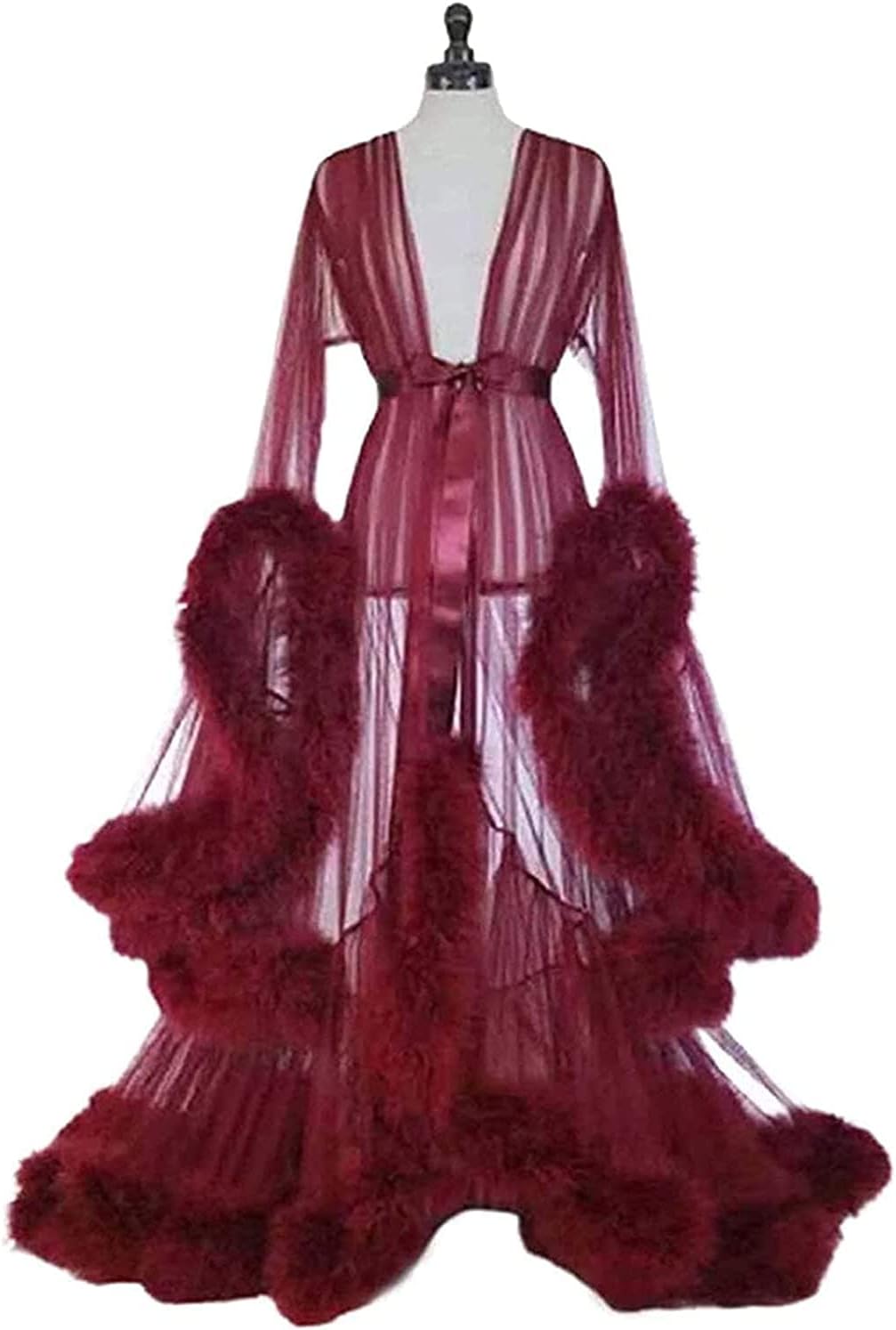 Women Plus Size Lingerie Robe See-Through Sexy Feather Robe Mesh Sheer Lace Nightwear,Pink,One Size