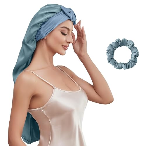 Gorro de seda para dormir, gorro largo de satén para dormir con banda de corbata, gorros jumbo para mujer, trenzas largas y rizadas, gorro de ducha