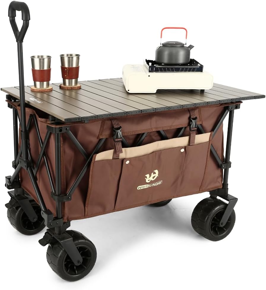 Whitsunday Collasible Wagon Cart, Large Capacity Wagon,Camping Beach Wagon Outdoor Picnic All-Terrain Wheels Heavy Duty Utility Wagon Cart for Grocery Gardening Shopping Fishing (Brown)