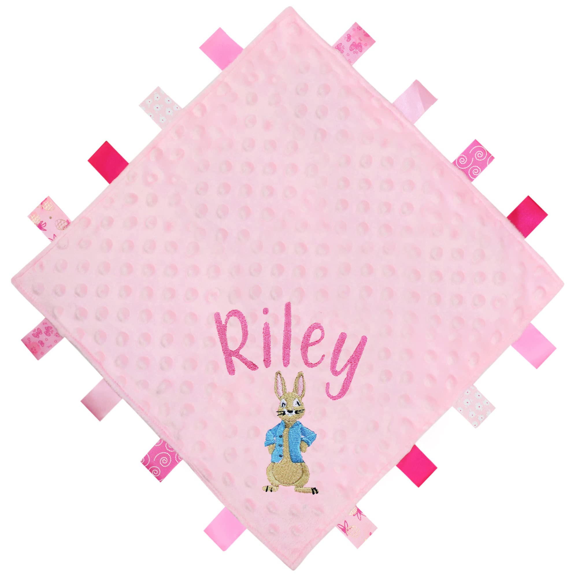 Teddyt's Pink Personalised Baby Rabbit Ribbon Taggy Blanket Comforter (Pink)