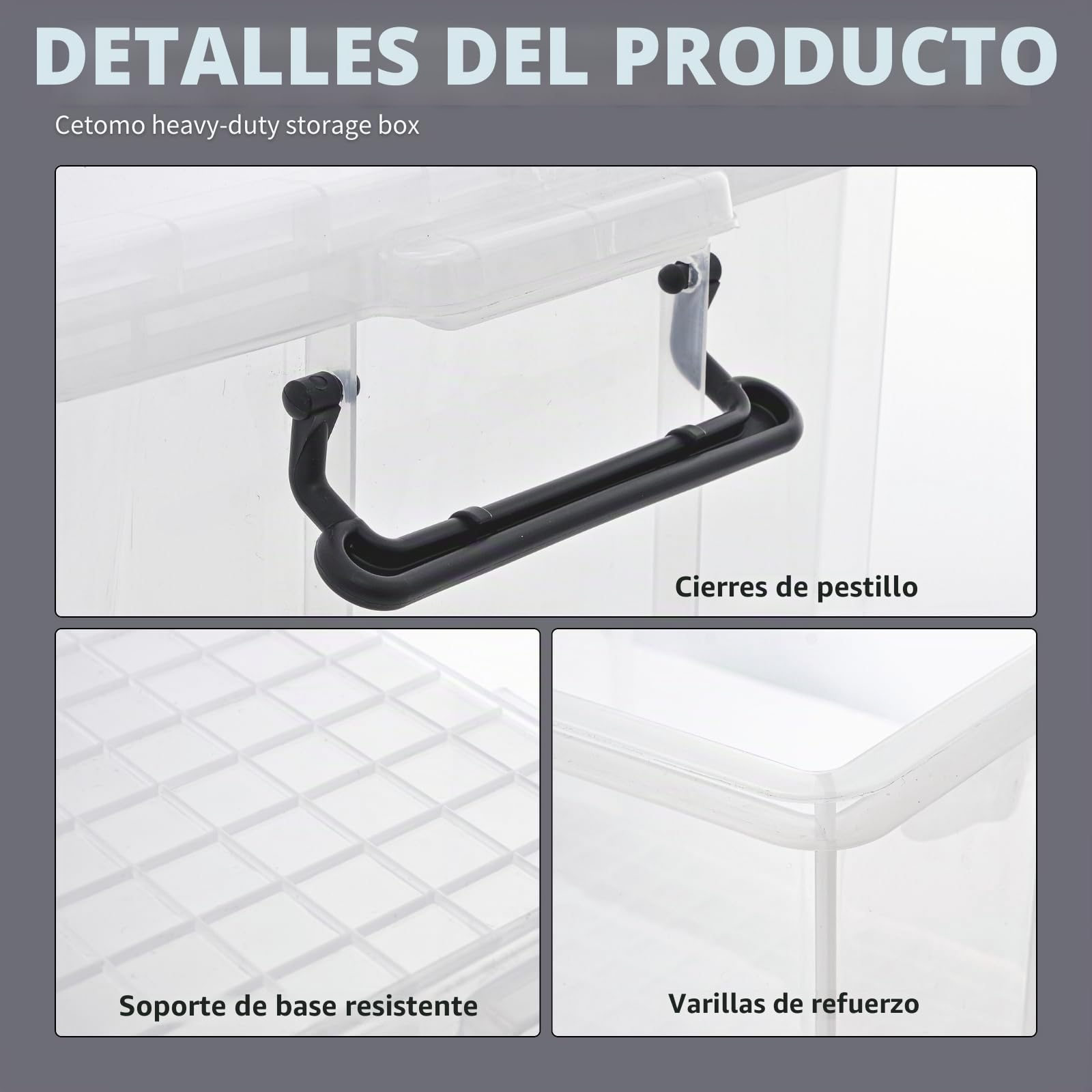Cetomo 35L*3 Cajas de Almacenamiento, Cubo de Almacenamiento Plástico Apilable con Tapas, Contenedor de Alta Resistencia con Esquinas Reforzadas, Duradero, Transparente, 35L-Conjunto de 3