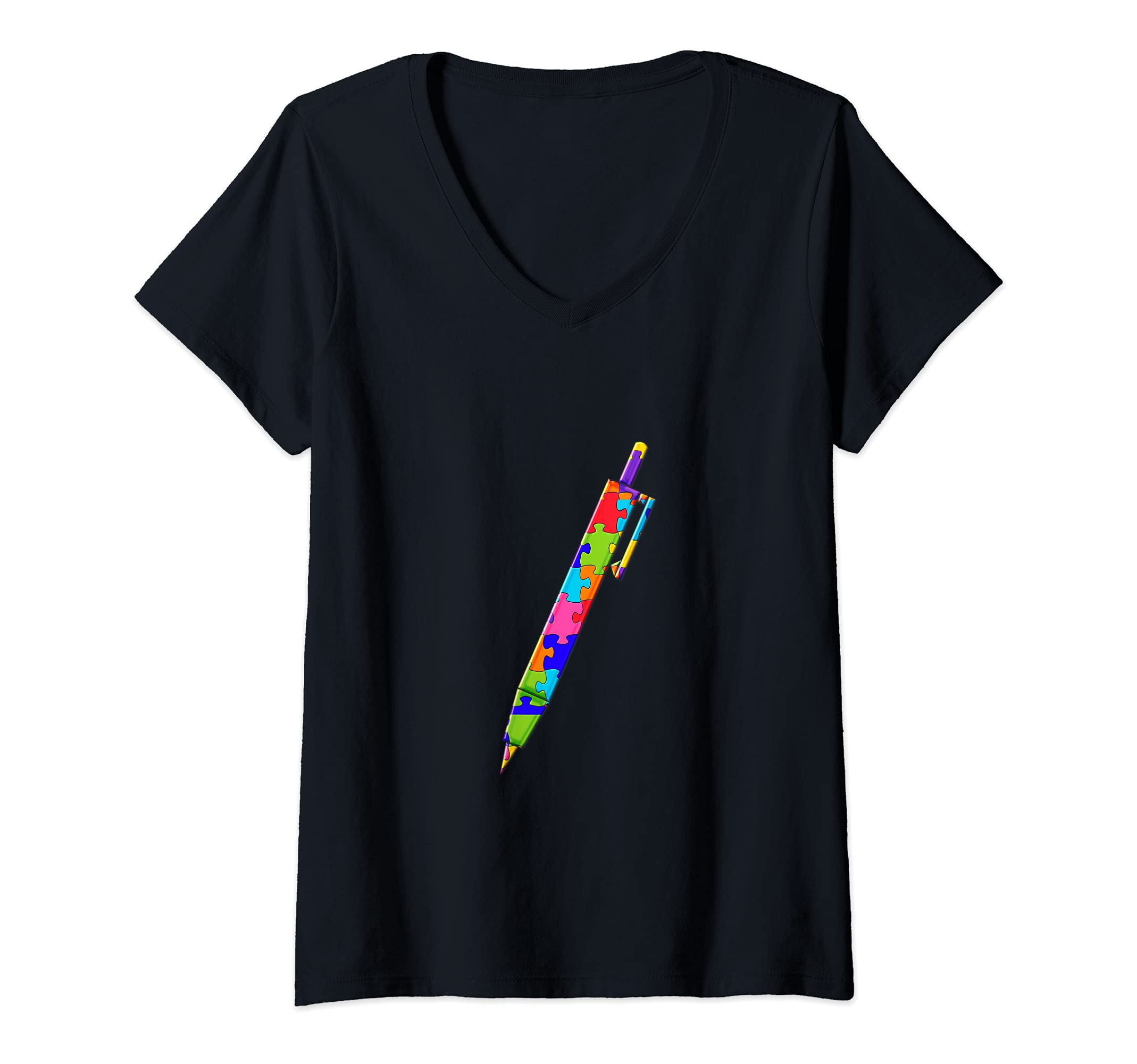 Womens Pen Writing, Author Writer Jigsaw Autism Puzzle V-Neck T-Shirt