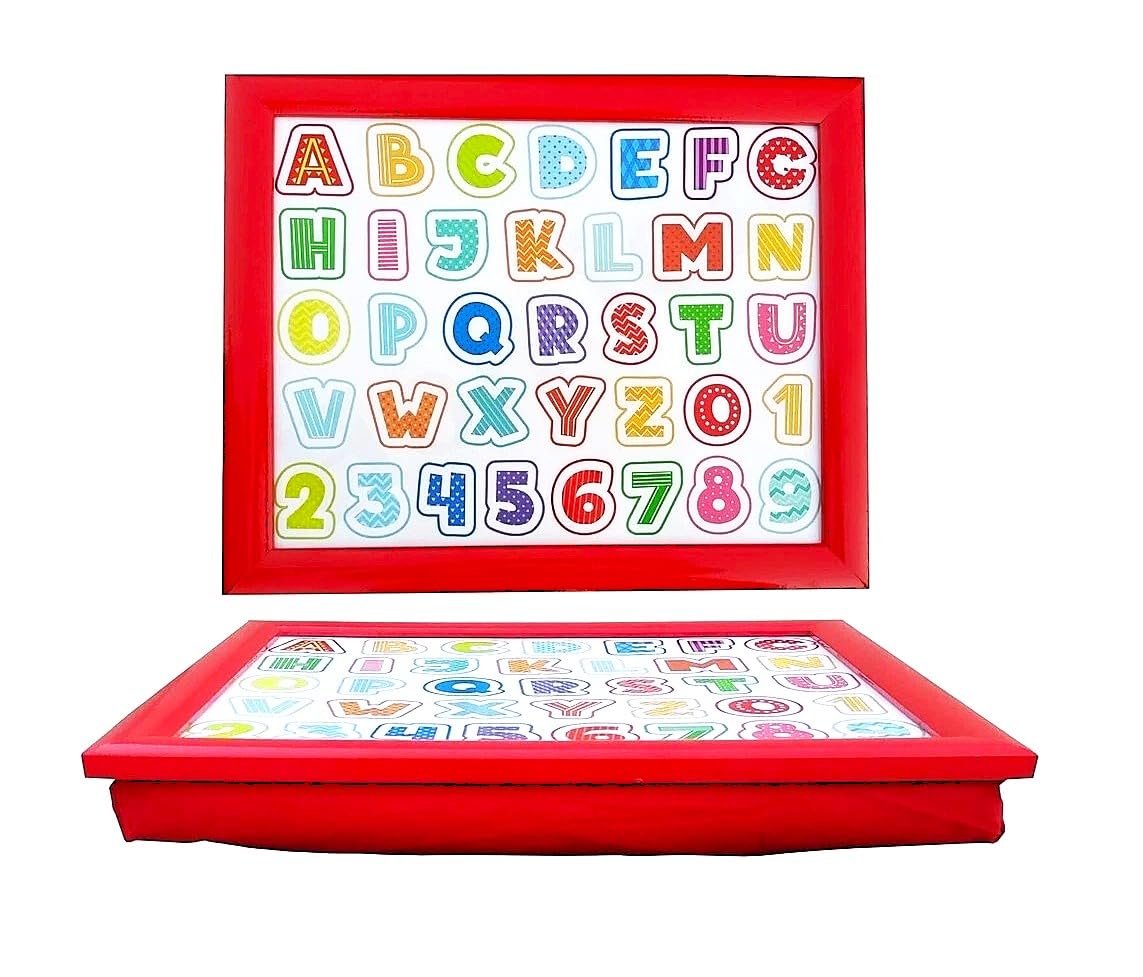 Alphabet Laptray, Wood, Soft Beanbag Cushioned, Cotton Bed Tray Children Gift Lap Trays BedTray Breakfast in Bed Camping Caravan Kids Learning Board Children Dinner