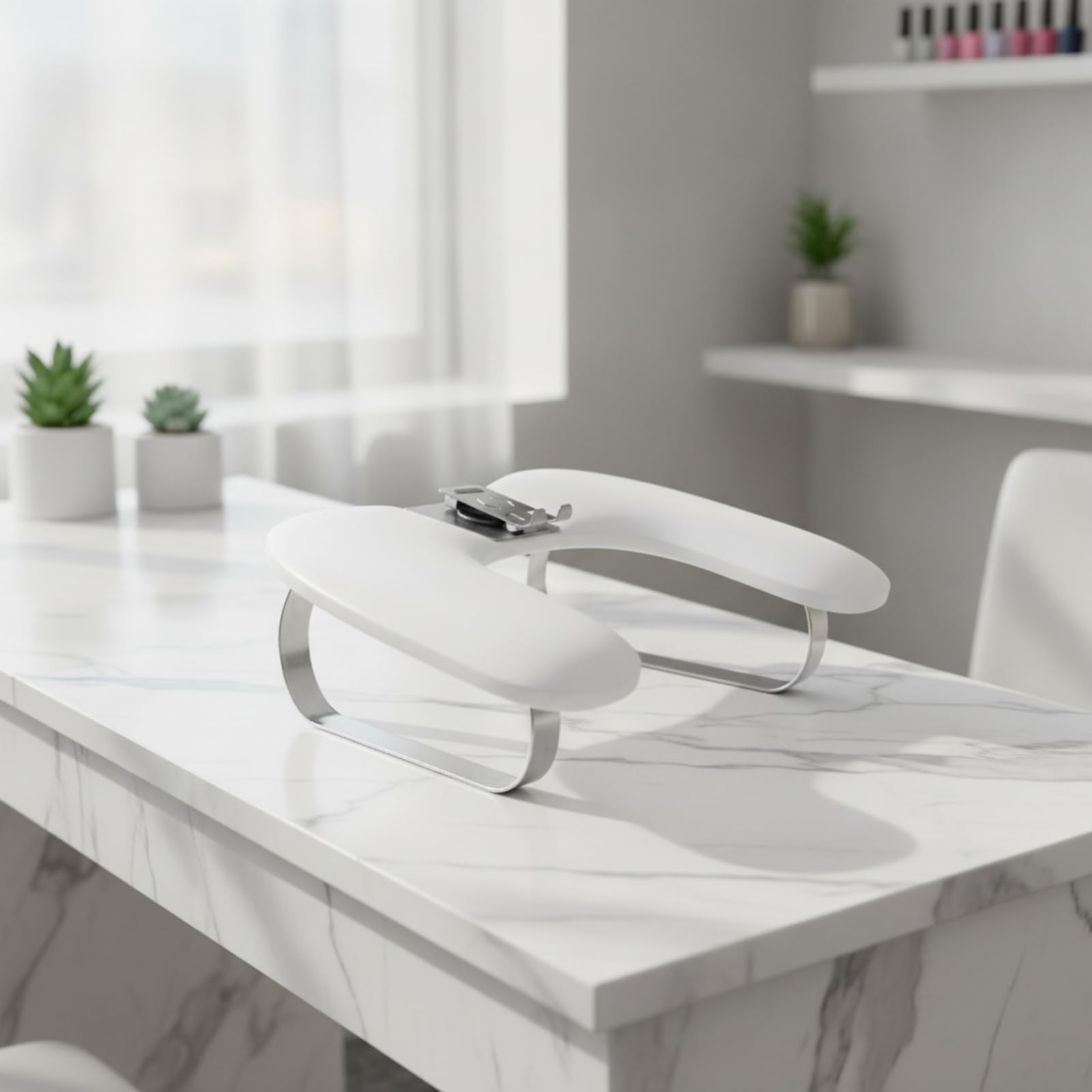 Qianly Coussin de Salon d'Ongles Accoudoir Manucure avec Logement Téléphone Repose Bras Support Main Porte Appareil Cuir et Métal Angle Confortable Stabilité
