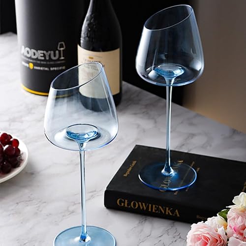 Miniatura 7 de Juego de 2 copas de vino tinto inclinadas, copas de vino blanco de tallo largo sin plomo, copas de vino de cristal modernas con base cóncava única,