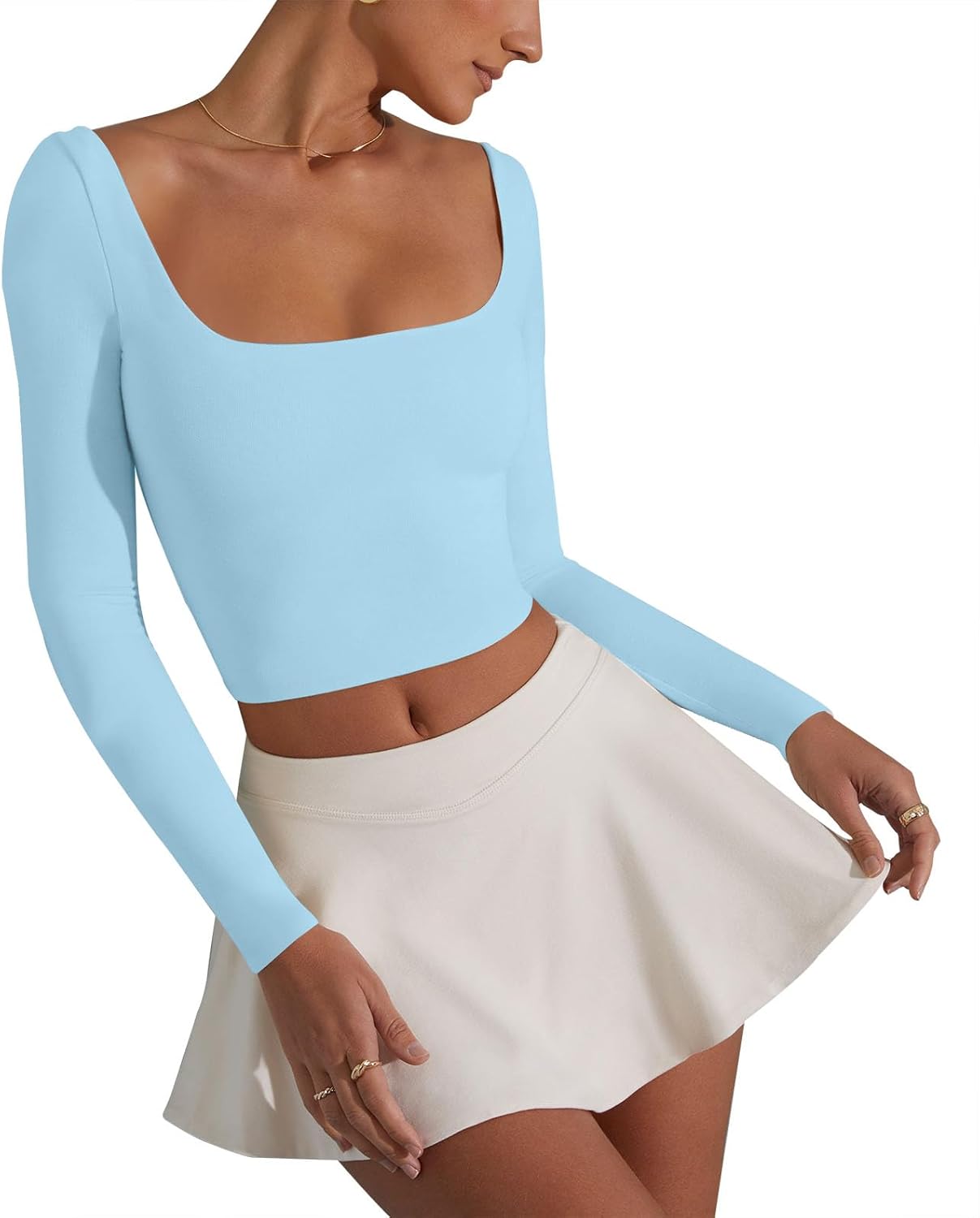 Women's Basic Long Sleeve Square Neck Crop Top Double Lined Slim Fit T-Shirt - Image 4