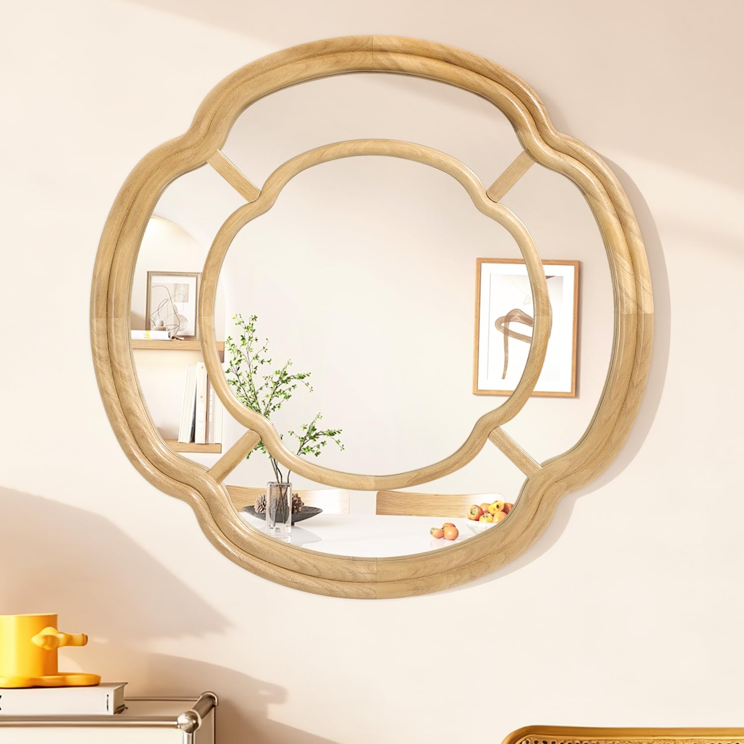 Lzuso Wall Mounted Mirror, Wooden Round Framed Mirror Irregular Wavy Hanging Decorative Mirrors for Living Room Bedroom and Entryway Home 50x50 cm Decor