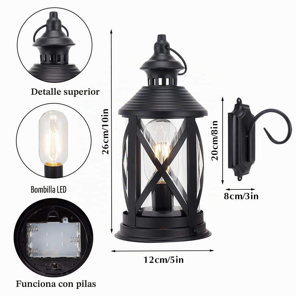 TRIROCKS Set de 2 Apliques Metálicos a Batería 26 cm Altos, Lámparas Decorativas Sin Cable con Luz LED Edison Colgante para Decoración en Casa, Patio, Jardín y Bodas (Negro)