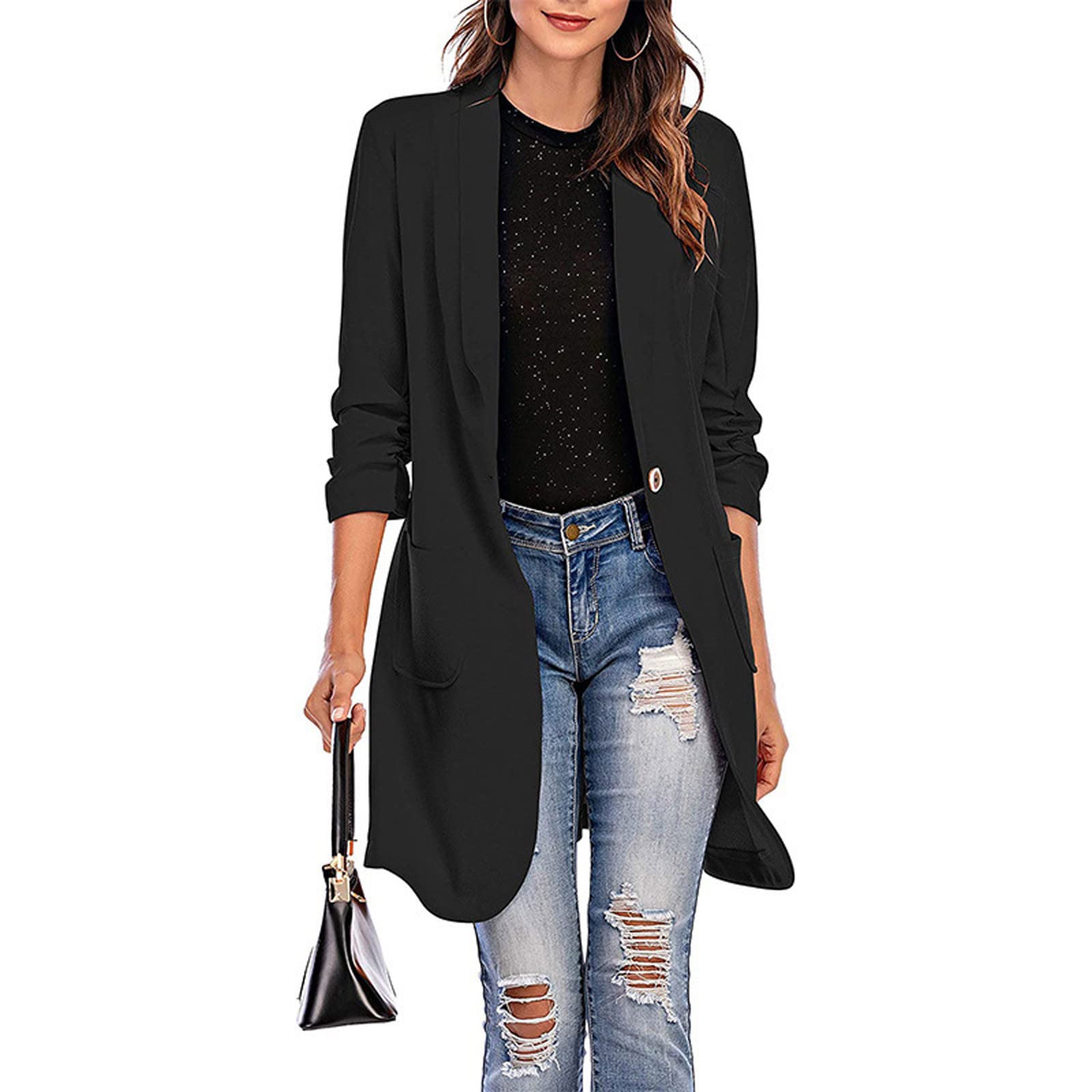 Trachtenjacke Damen Strickjacke Blazer Fashion Casual Solid Dreiviertel Ärmel Button Tops Cardigan Coat &J1317