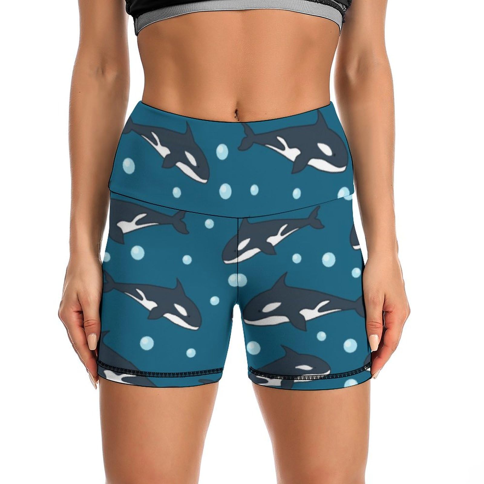 Whale Animal Pattern High Waist Yoga Shorts for Women Athletic Shorts Leggings Running Pants Black