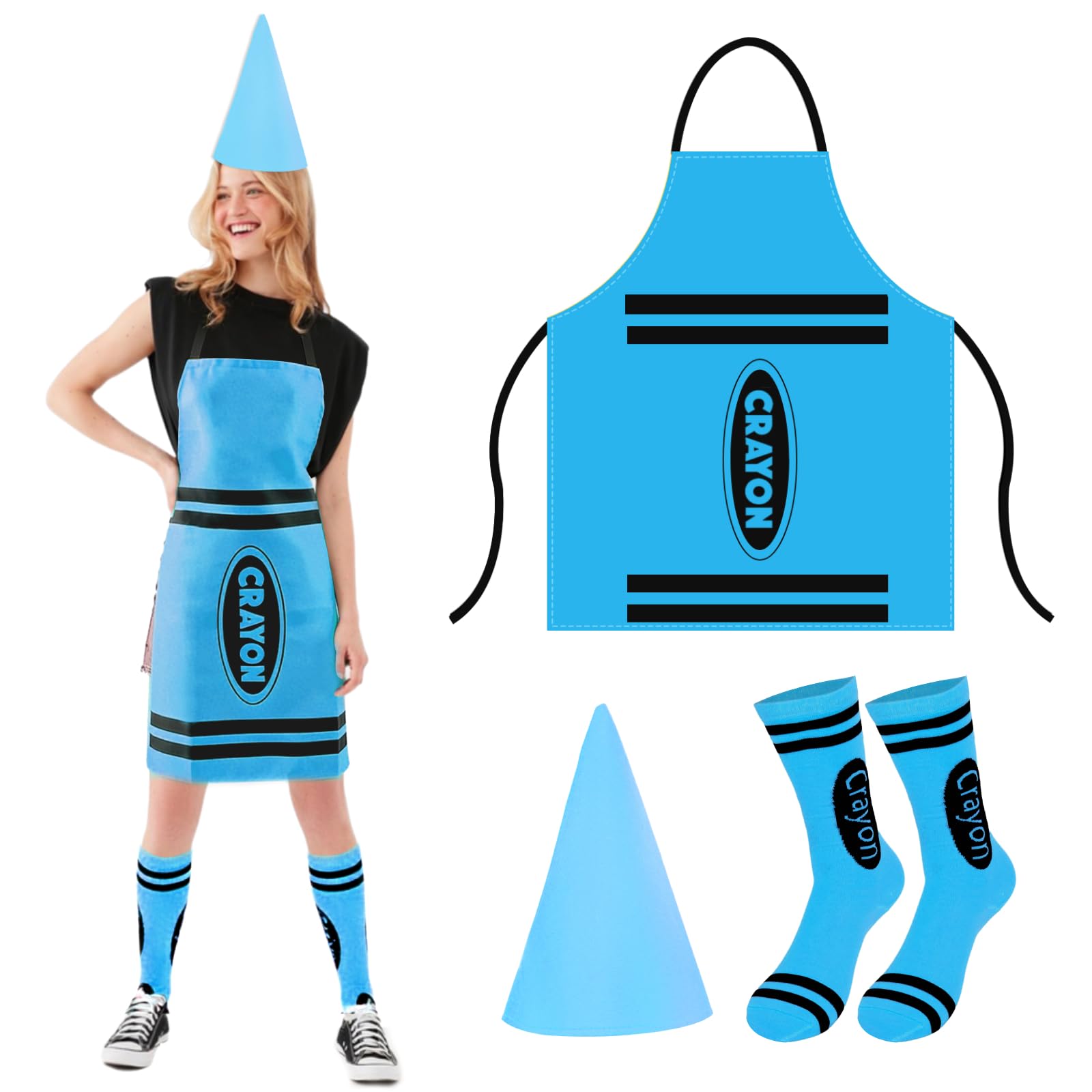 Crayon Costume Adult 3Pcs,Colorful Crayon Fancy Dress Include Crayon Apron, Funny Cone Hat And Striped Socks,Unisex World Book Day Costumes,Halloween Party Christmas Group Cosplay Outfits (Sky Blue)