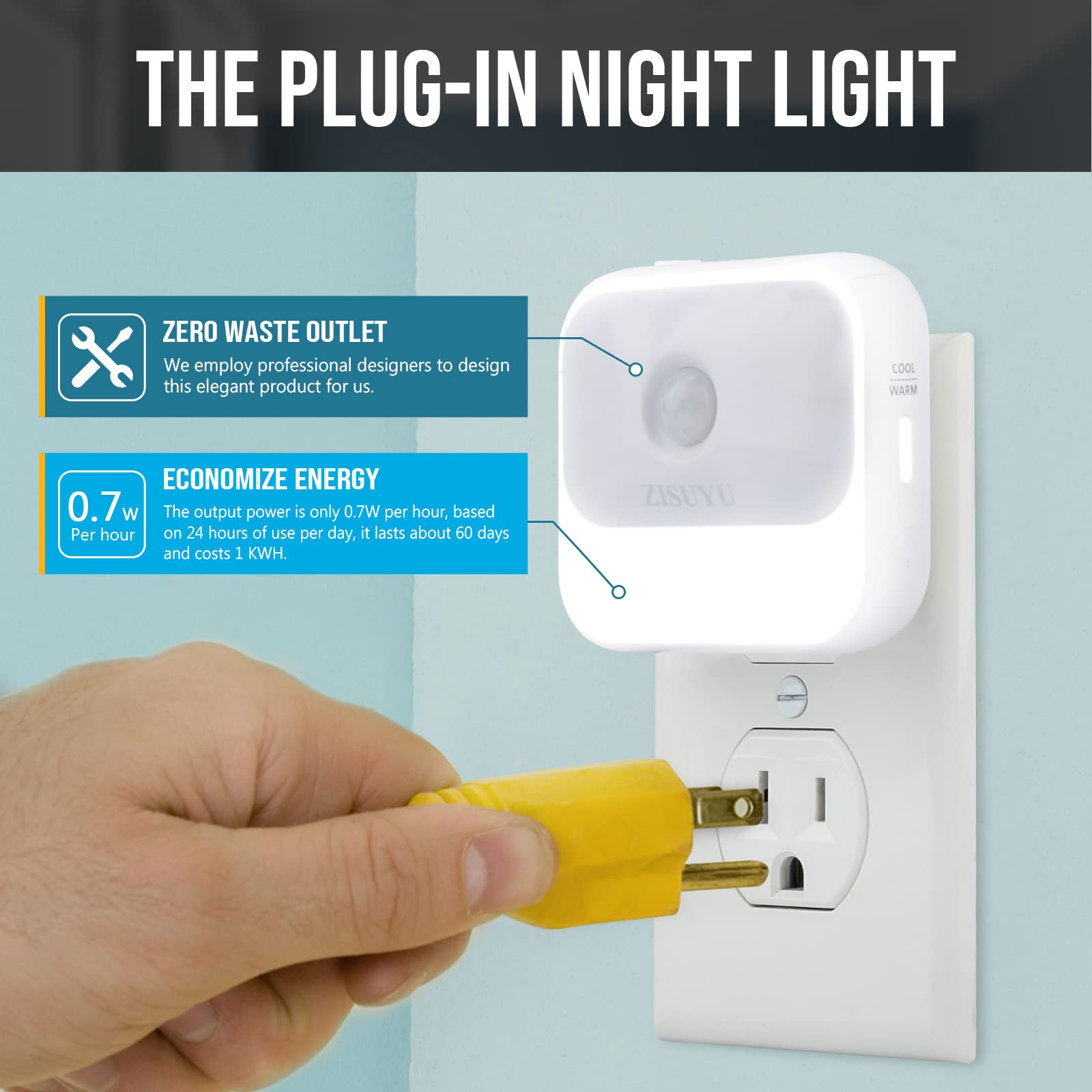 ZISUYU Motion Sensor Night Light Plug in with 3 Modes Dual Colors Dimmable UL-Certified Dusk to Dawn Sensor — view 5